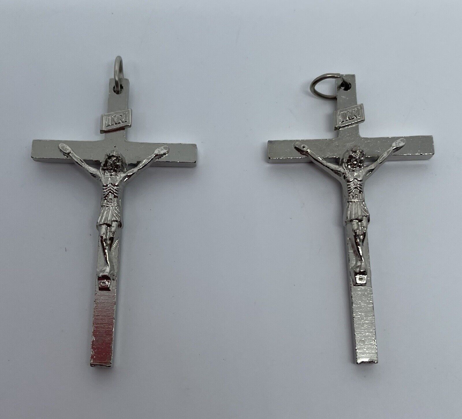 Lot of 2 Silver Tone Crucifix Medal Pendants for Necklace or Rosary 1.5” ITALY