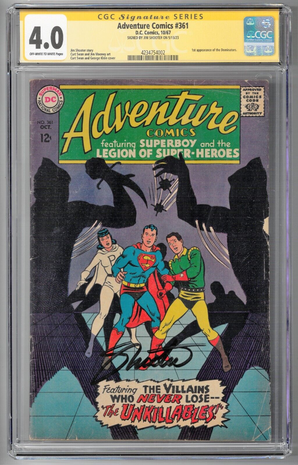 Adventure Comics #361 CGC SS 4.0 (Oct 1967, DC) Signed Jim Shooter, Dominators
