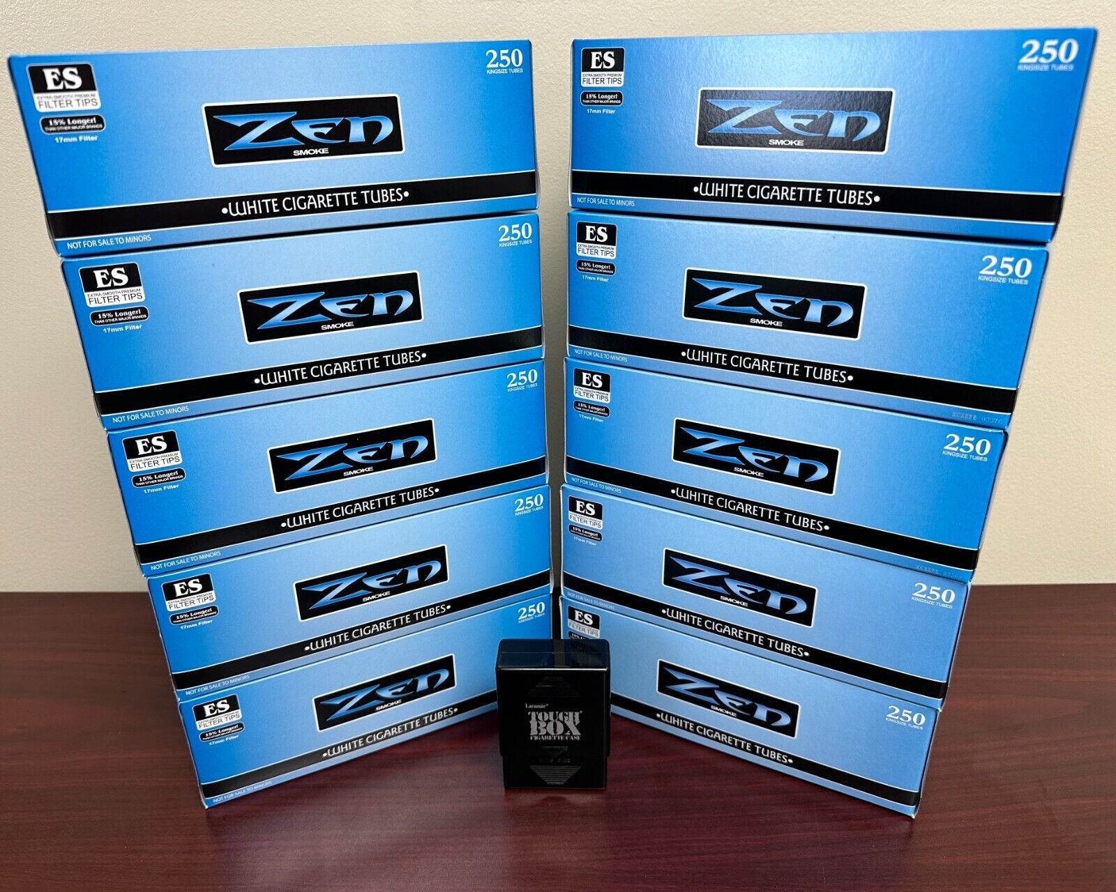 Zen White Light BLUE KING Size Cigarette Tubes 10-Boxes Free BLACK Tough Box