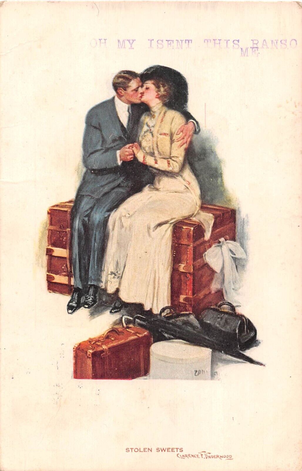 Lovers Kissing on a Trunk-Stolen Sweets-1914 Postcard by Clarence Underwood