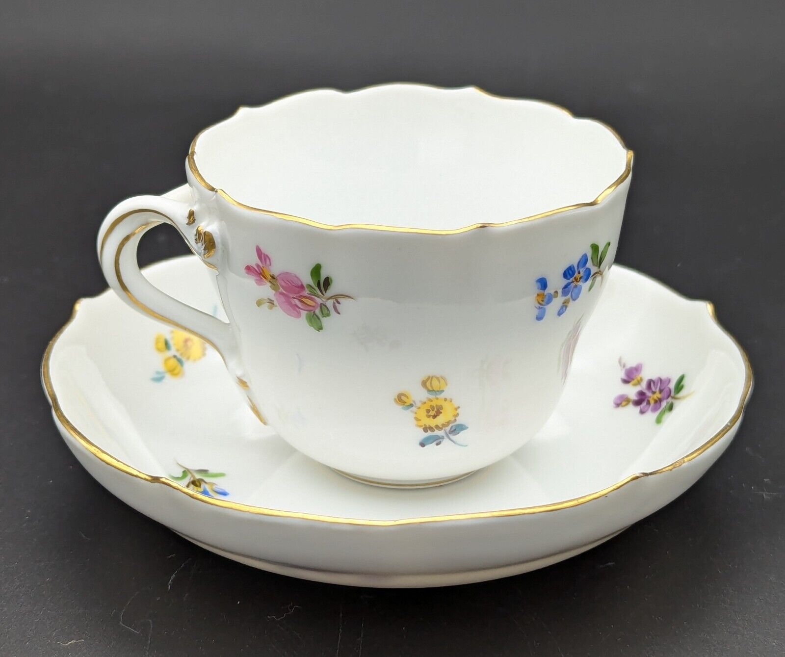 Vintage Meissen Demitasse Tea Cup and Saucer Hand Painted Floral 1950s