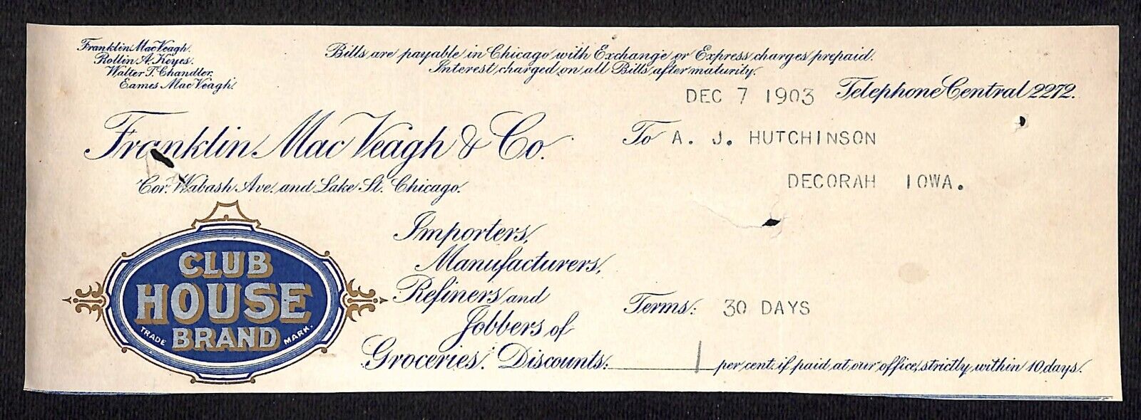 Franklin Mac Veagh Club House HJ Hutchinson Decorah, IA* Cut 1903 Billhead