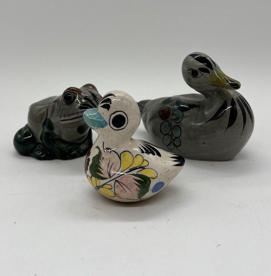 Vintage Tonala? Mexican Art Folk Pottery Hand Painted  Set Of 3 Frog Duck Bird