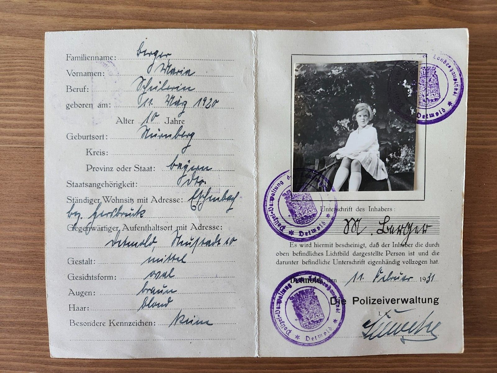 German ID 1931, for young lady. 