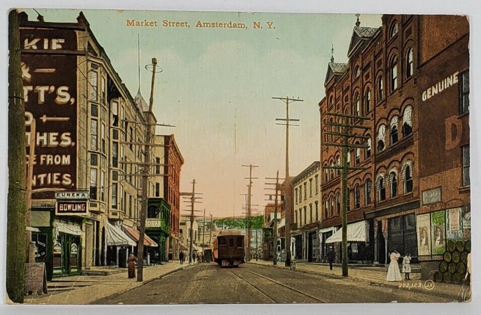 Amsterdam NY Market Street Stores Bowling Trolley 1910 to Erie Penna Postcard S4