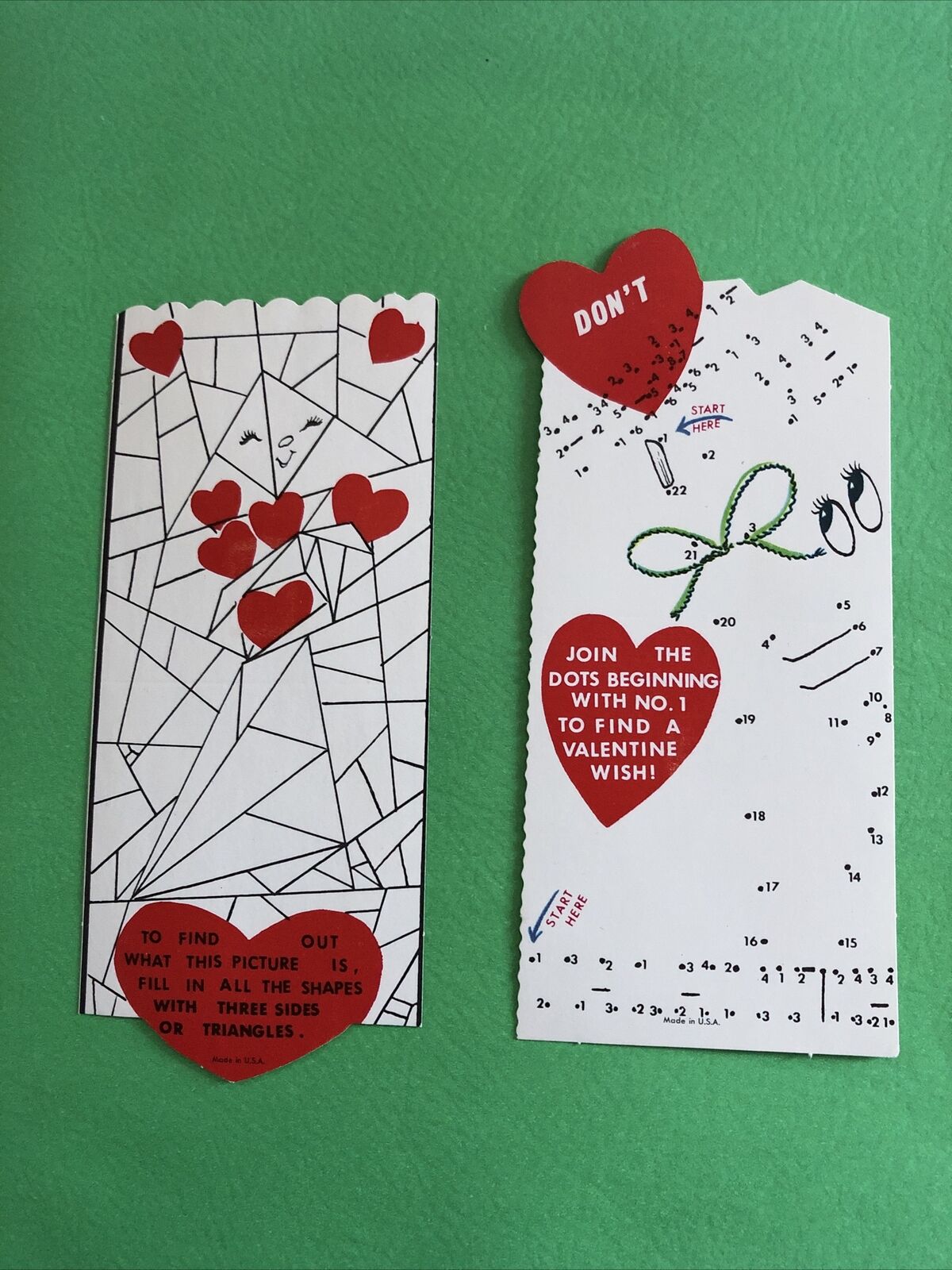 2 Vtg Valentine Cards Die Cut To Do Activity Puzzle Dot To Dot c1960s ~Signed