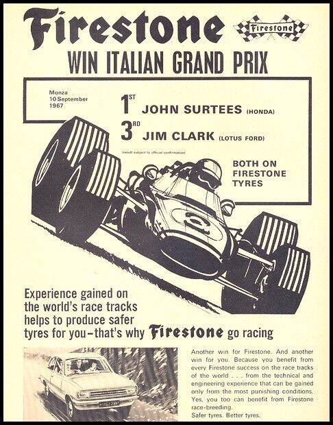 1967 Firestone Italian Grand Prix UK Vintage Advertisement Print Art Car Ad D134