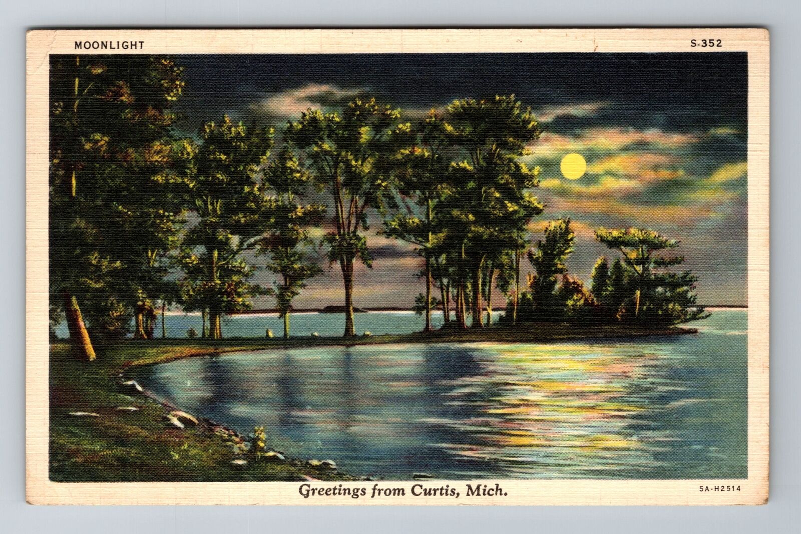 Curtis MI-Michigan, Scenic Greetings, Moonlight, Vintage c1939 Postcard