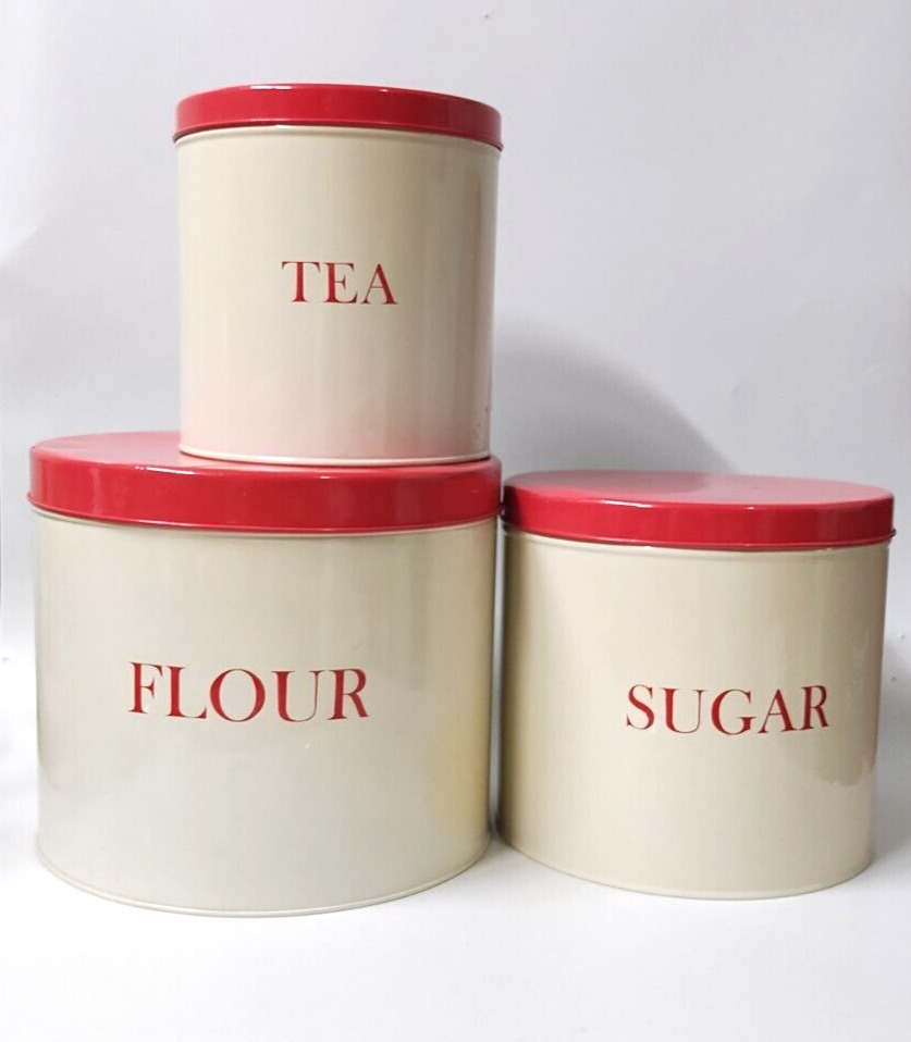 Vintage Red And White Metal Tea Sugar Flour Tins Canisters