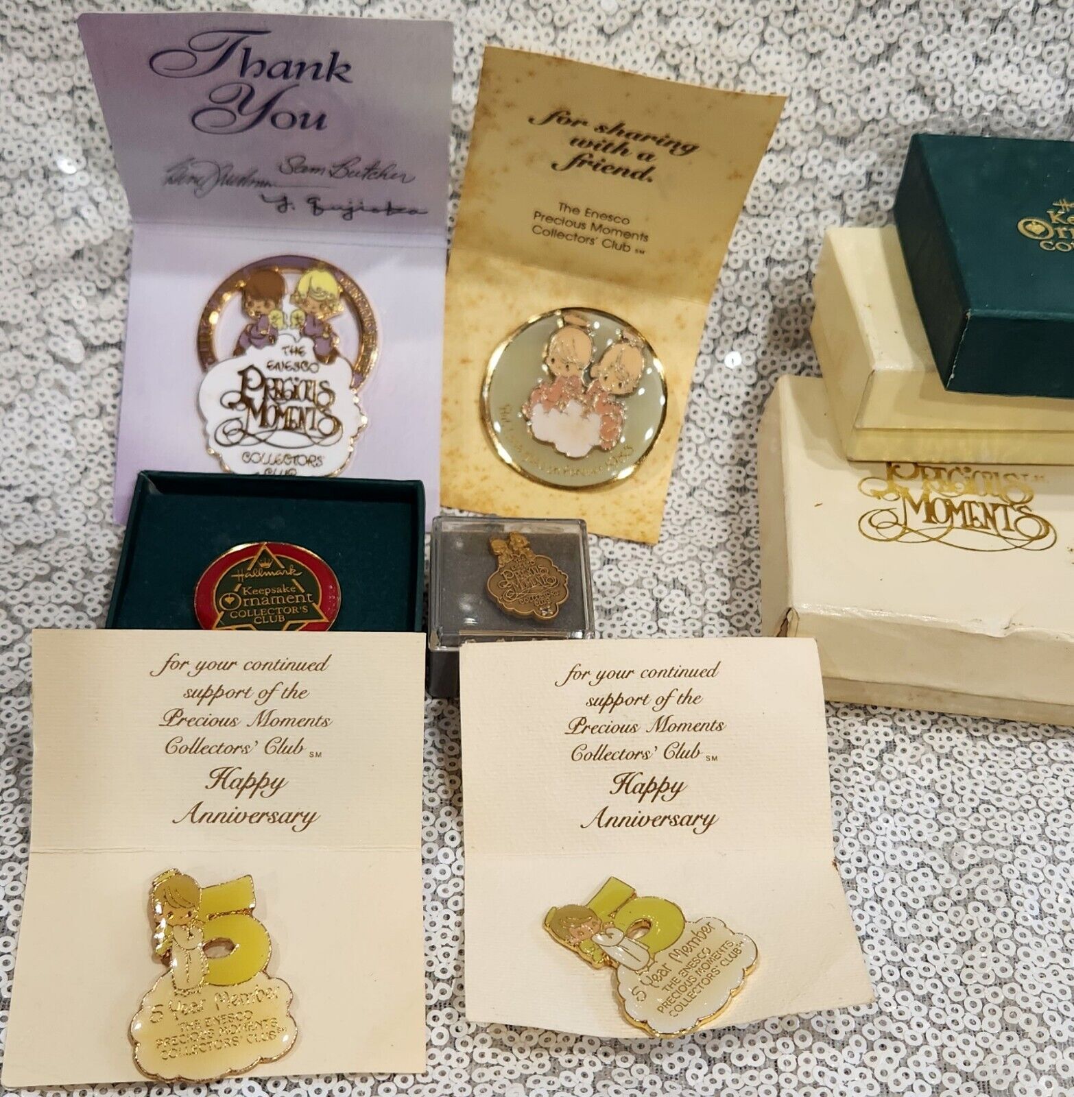 Lot of 6 Precious Moments Collectors Club Pins Vintage w/ boxes