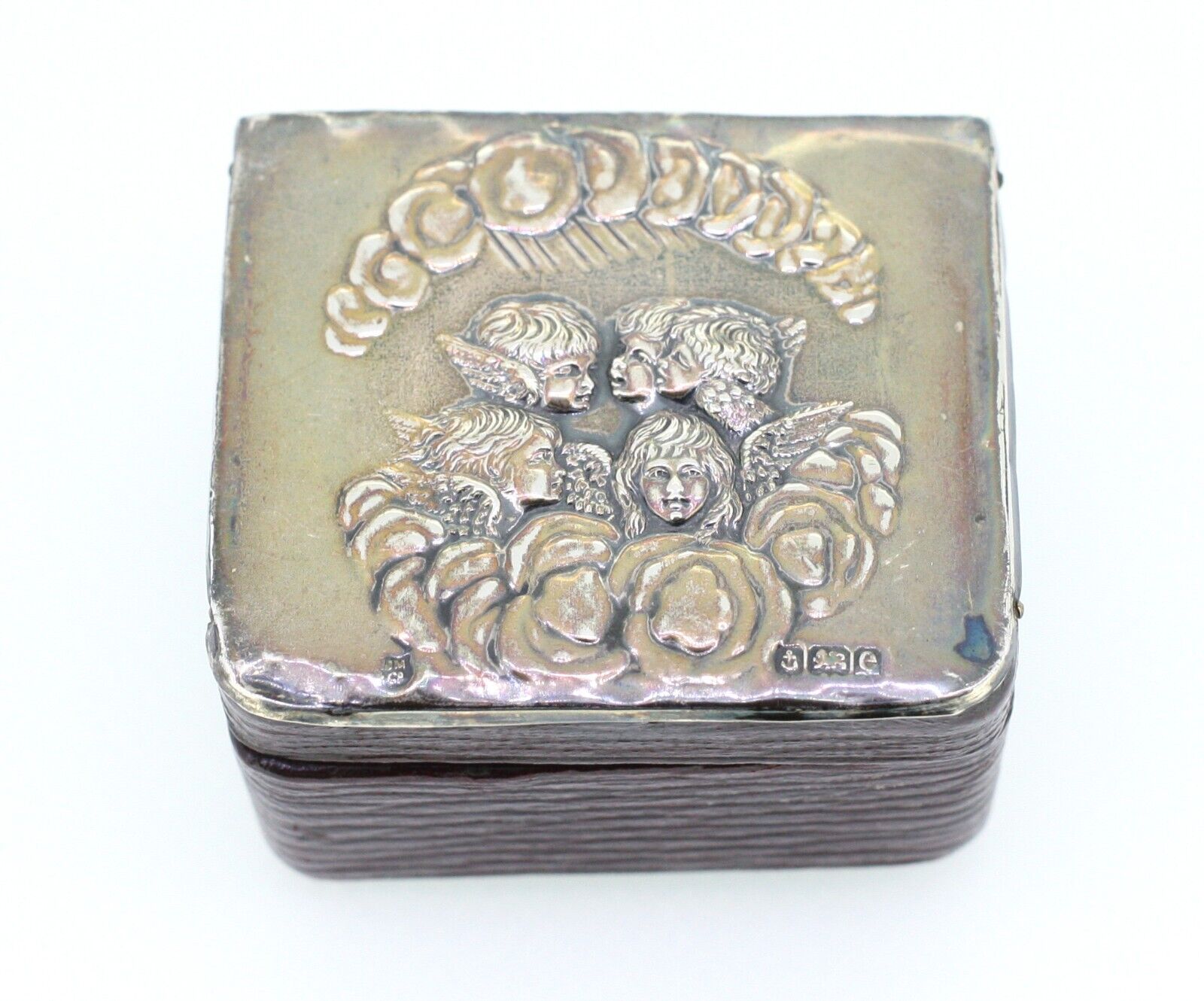 Victorian antique handmade pin box with faerie design on silver hallmarked lid
