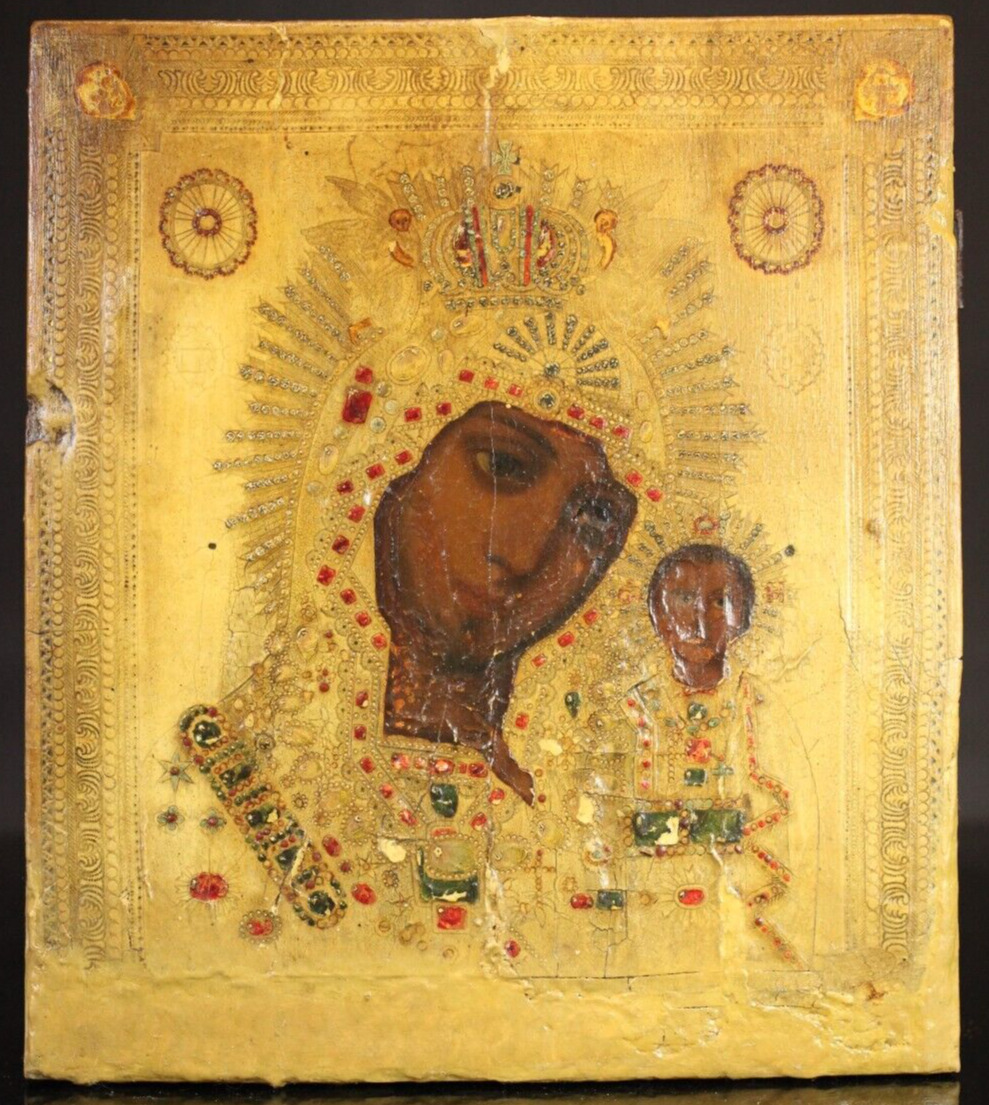 Antique 19th Century Hand painted Russian Icon of Mother of God Peterburg-Kazan