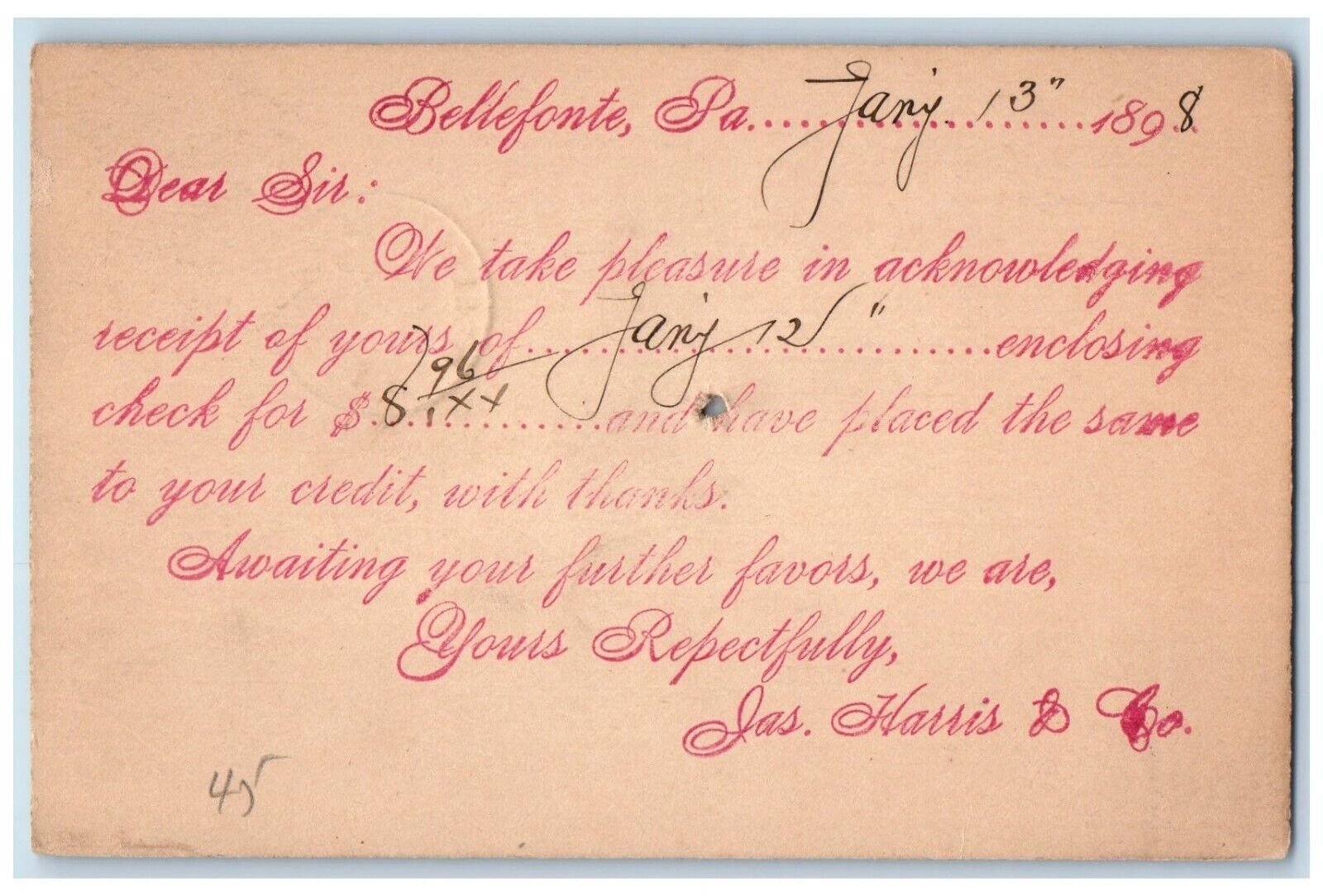 1898 Jas. Harris & Co. Bellefonte Pennsylvania PA Fleming PA Postal Card