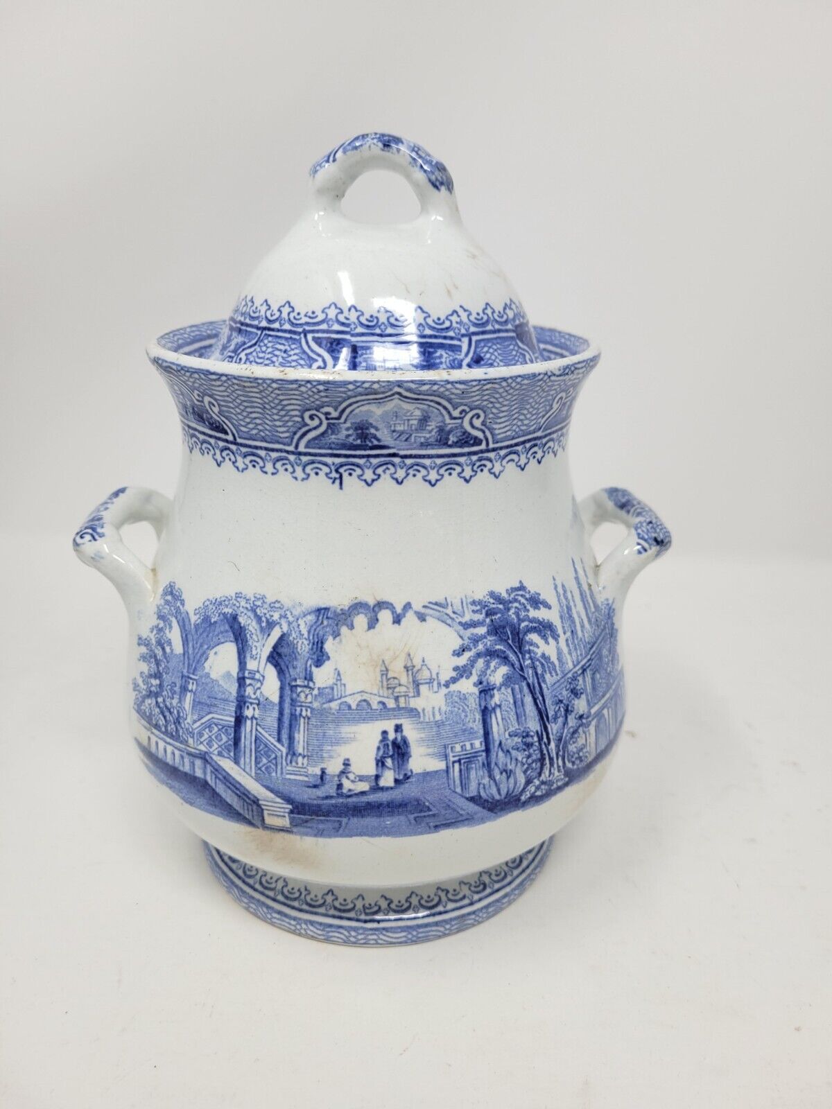Antique Staffordshire Blue Transferware Sugar Bowl Romantic Scene C.1850s