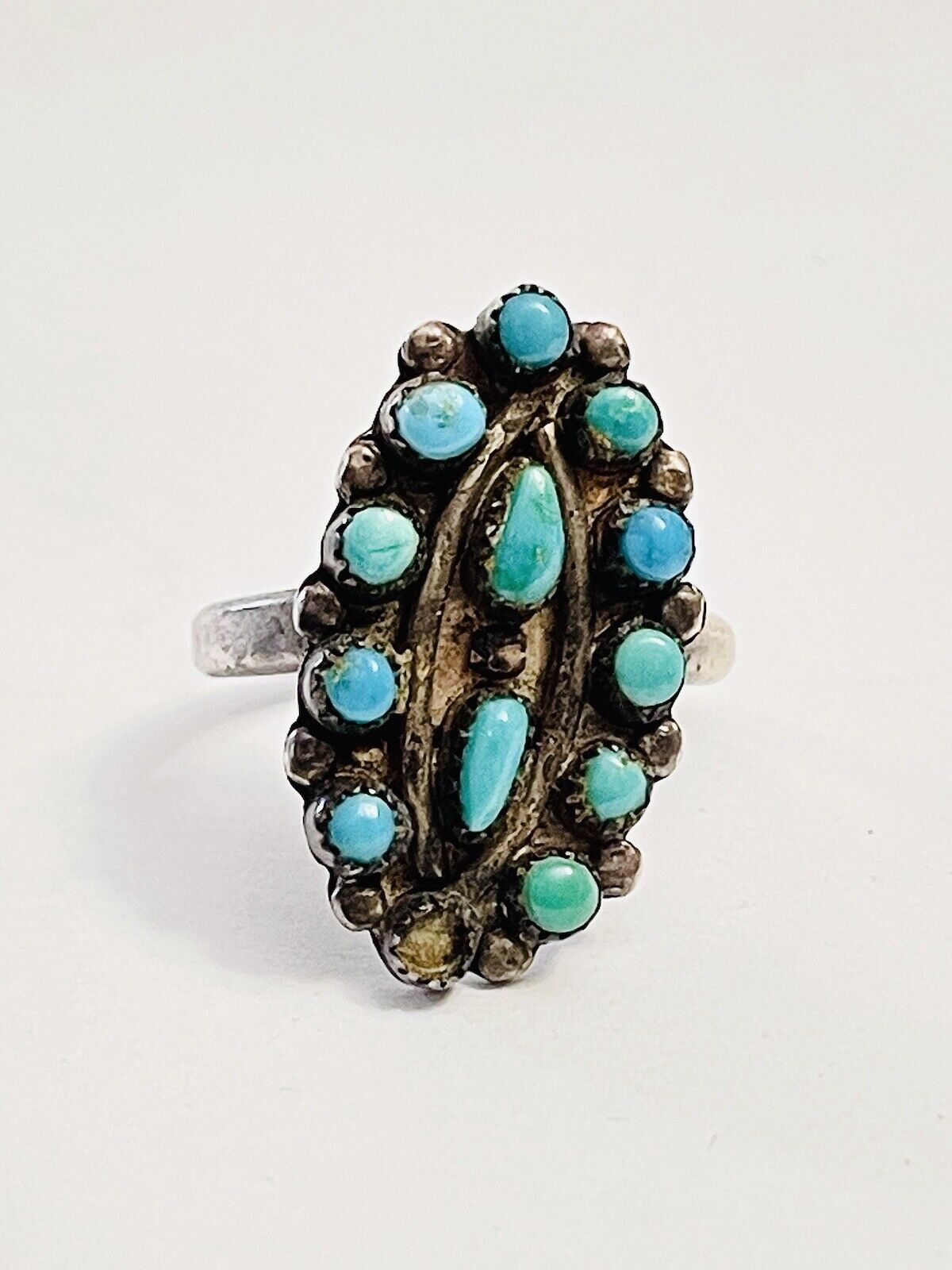 LG Vintage Zuni Sterling Coin Silver Natural Turquoise Cluster Ring Beautiful 8