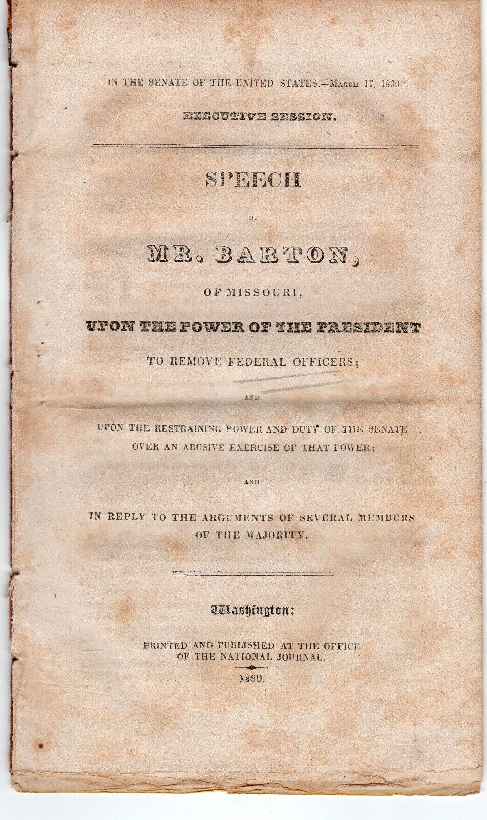 1830 Anti Andrew Jackson Speech of Sen. David Barton Pamphlet