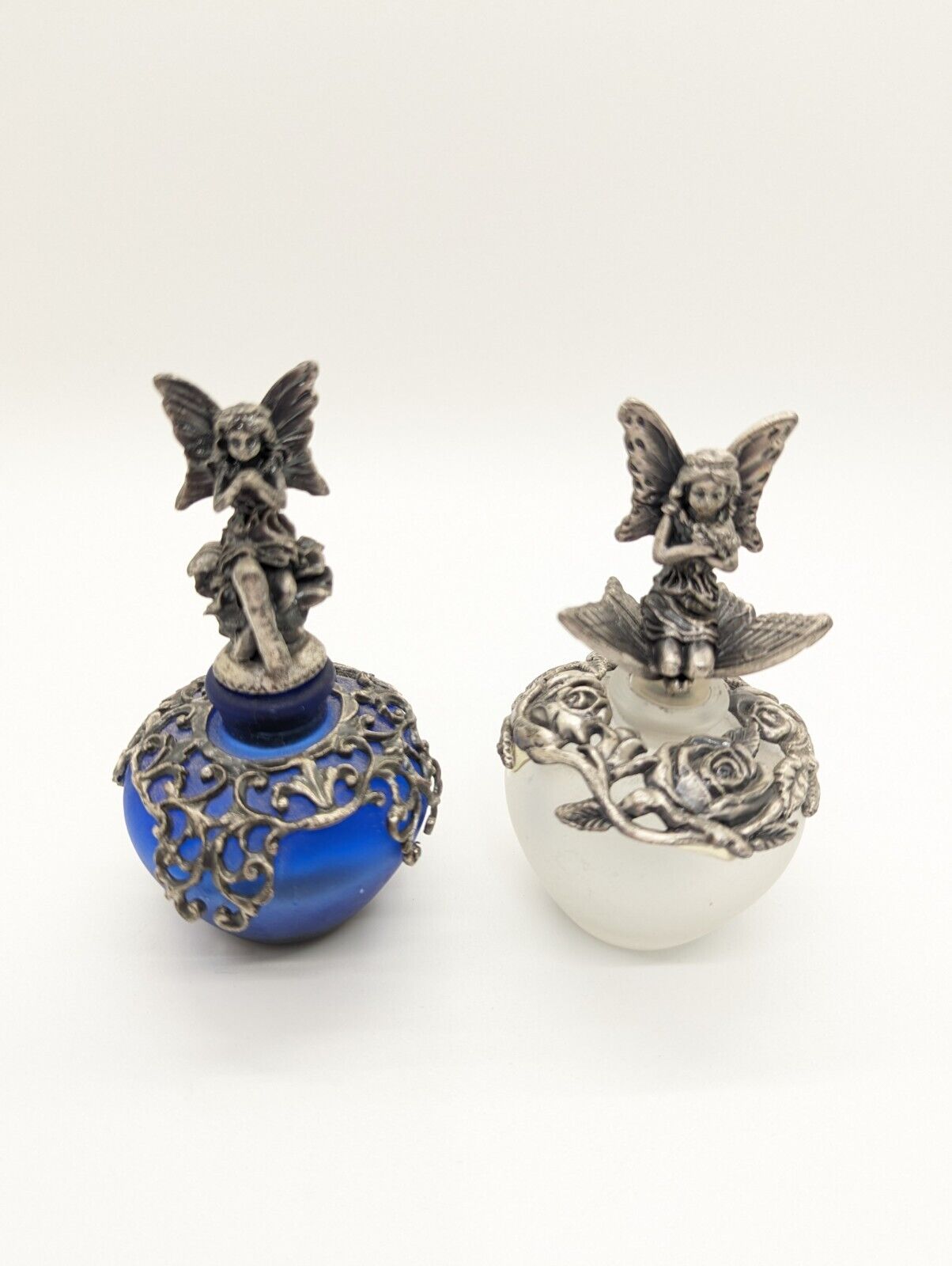 Vintage Silver Metal Fairy Pixie Elf Glass Perfume Bottle Essential Oil Lot Of2