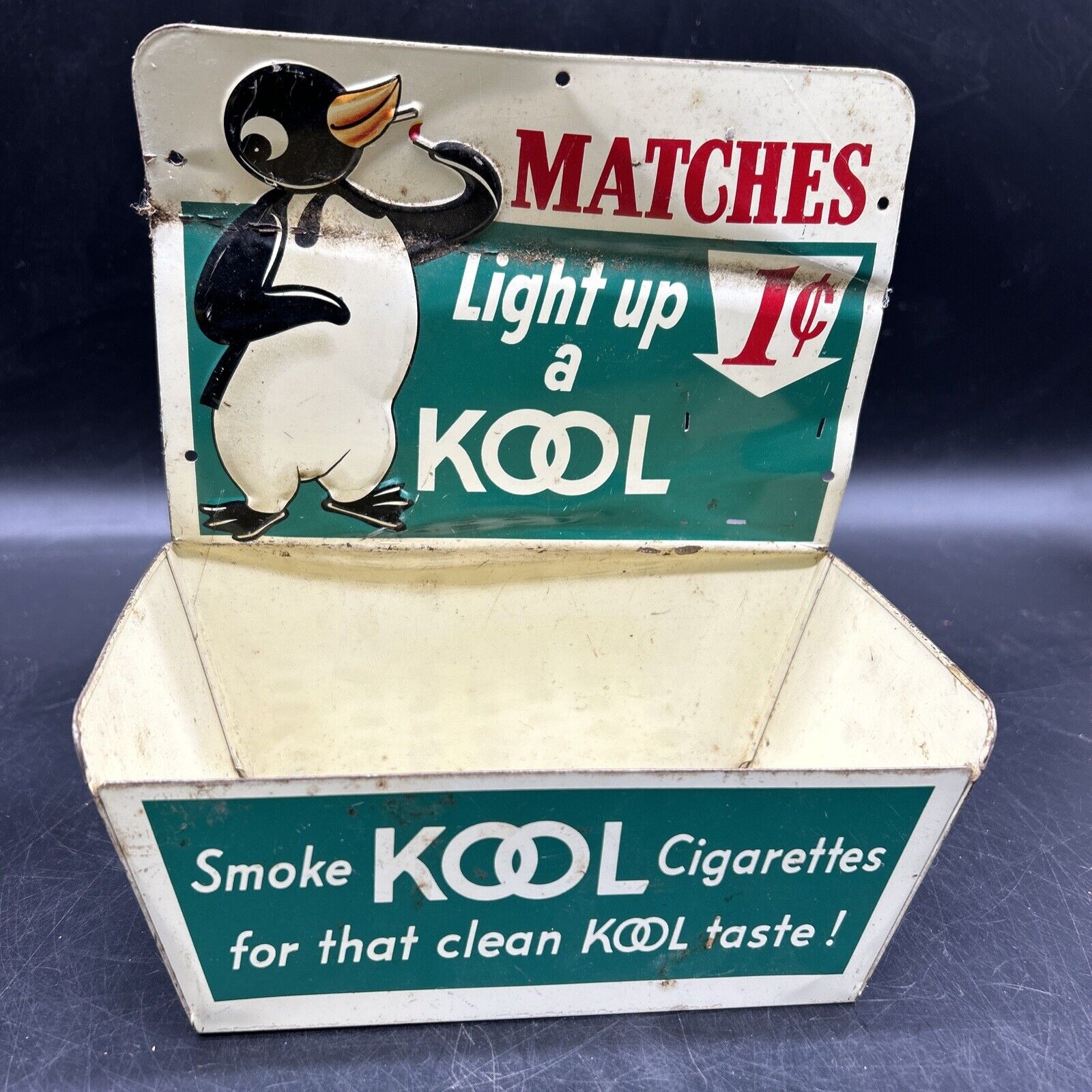 Vintage 1950’s Kool Cigarettes 1c Match Holder w/ Advertising Metal Display