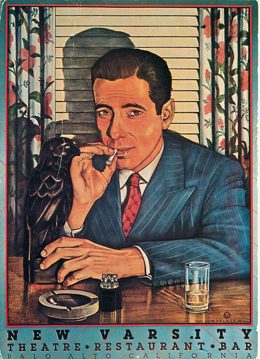 Postcard Humphrey Bogart, New Varsity Theatre Restaurant, Palo Alto, California