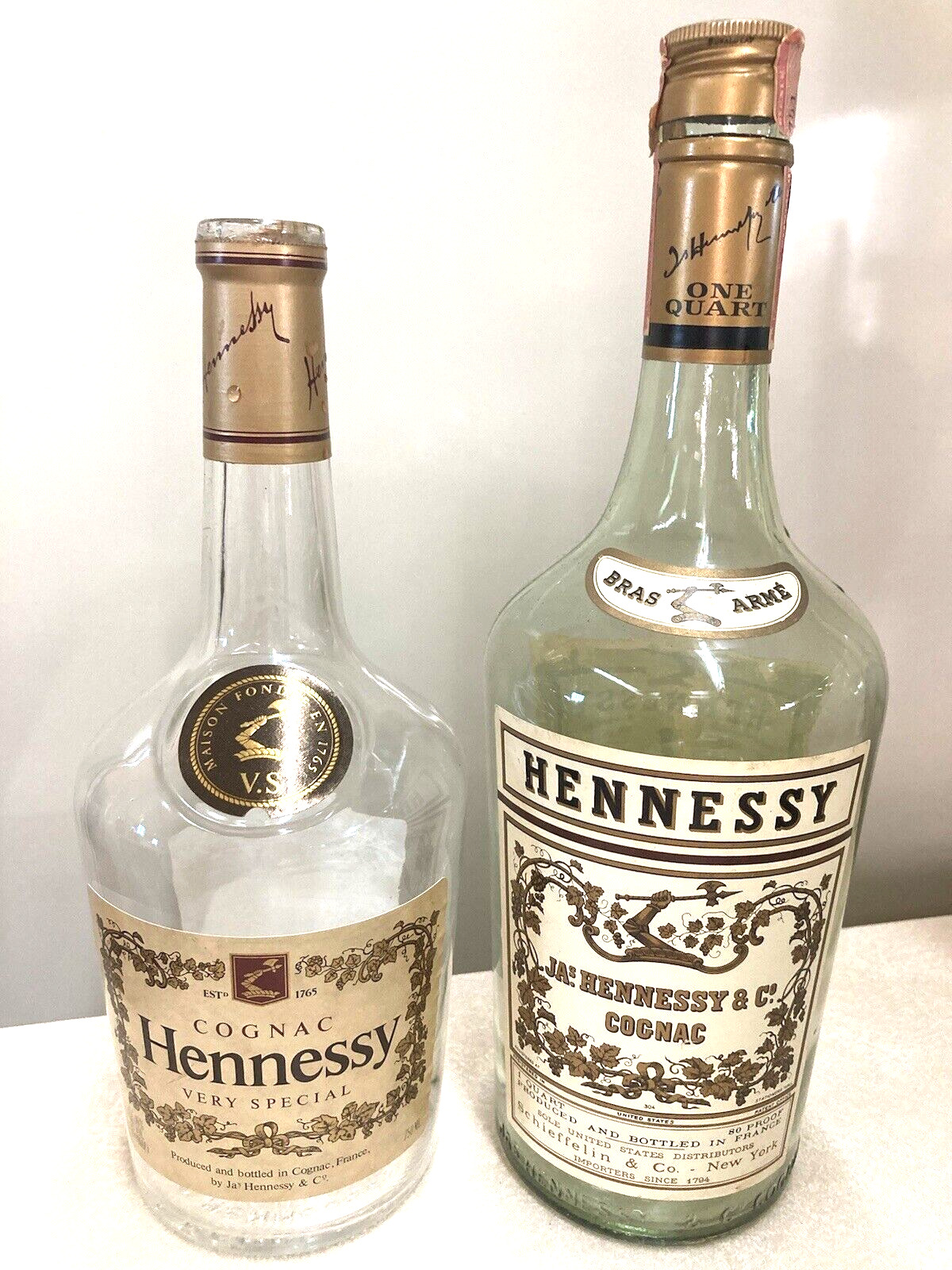 VTG Lot of 2 Hennessy Bras Arme 1960s & 1970s Empty Bottles