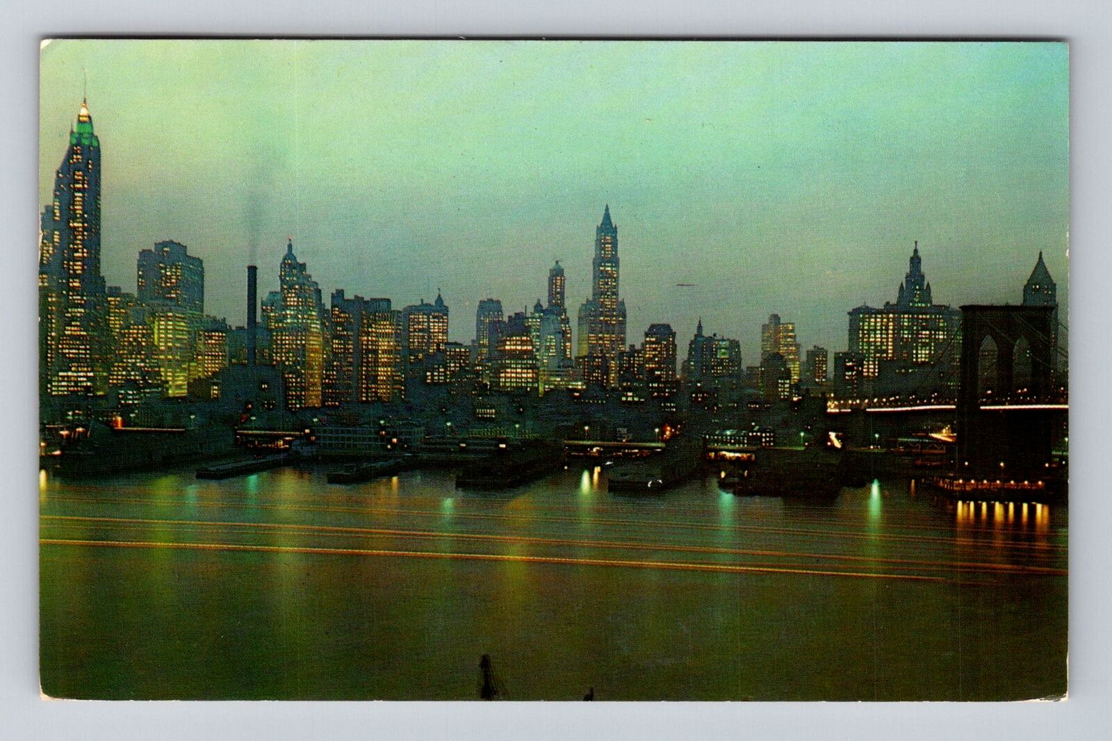 New York City NY-View Of Lower Manhattan At Night, Vintage c1953, Postcard