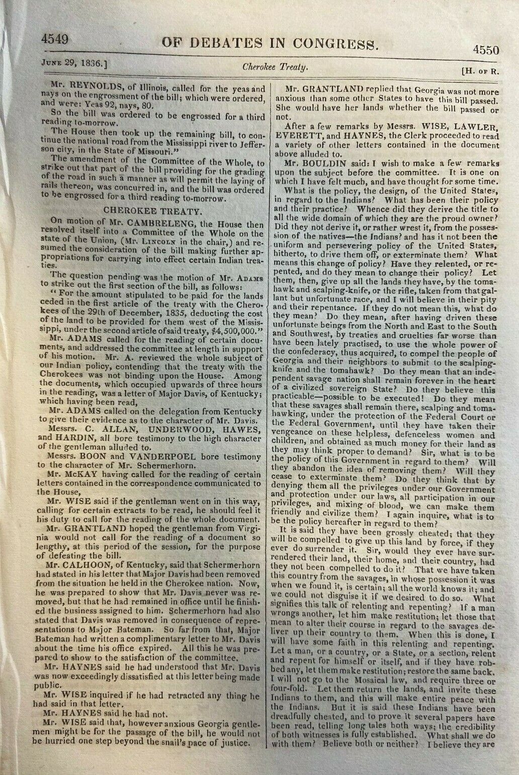 Debates of Congress 1836 Death of James Madison Cherokee Treaty
