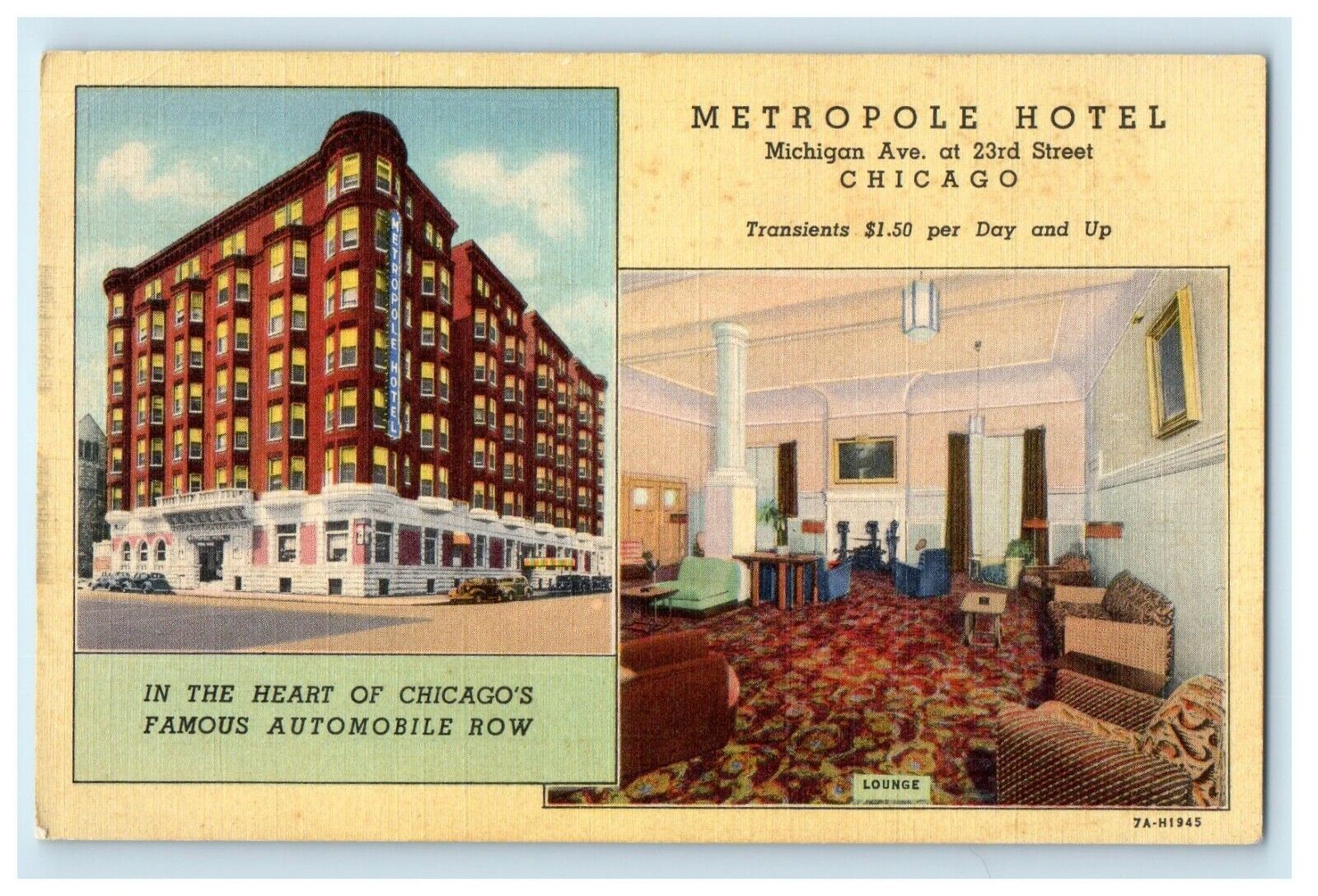 c1940\'s Metropole Hotel Lounge View Chicago Illinois IL Vintage Postcard