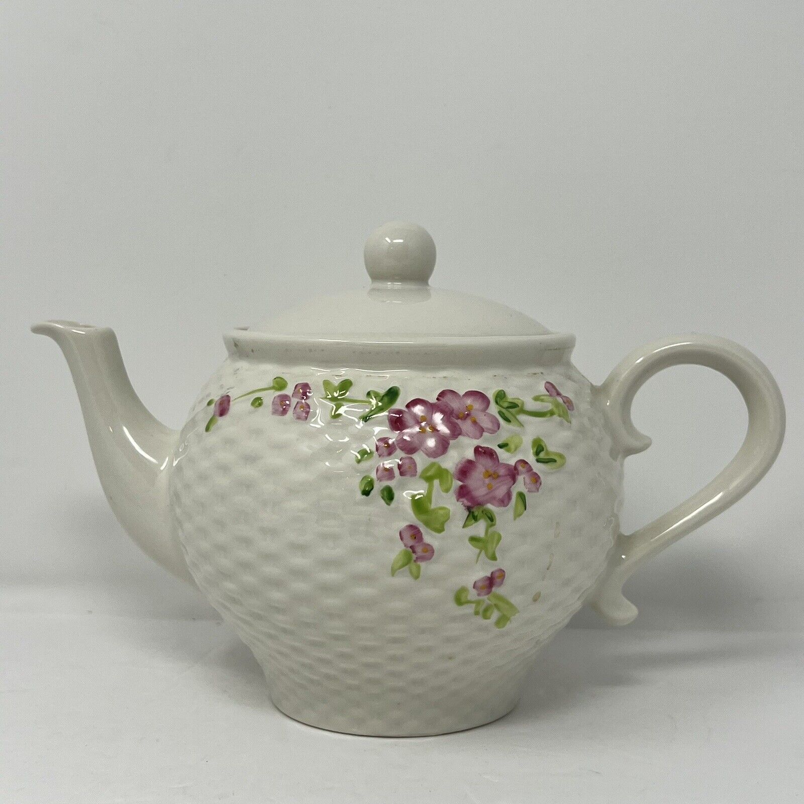 Vintage Teleflora Ceramic Porcelain Teapot 1985 w/ Lid White Lattice Floral Home