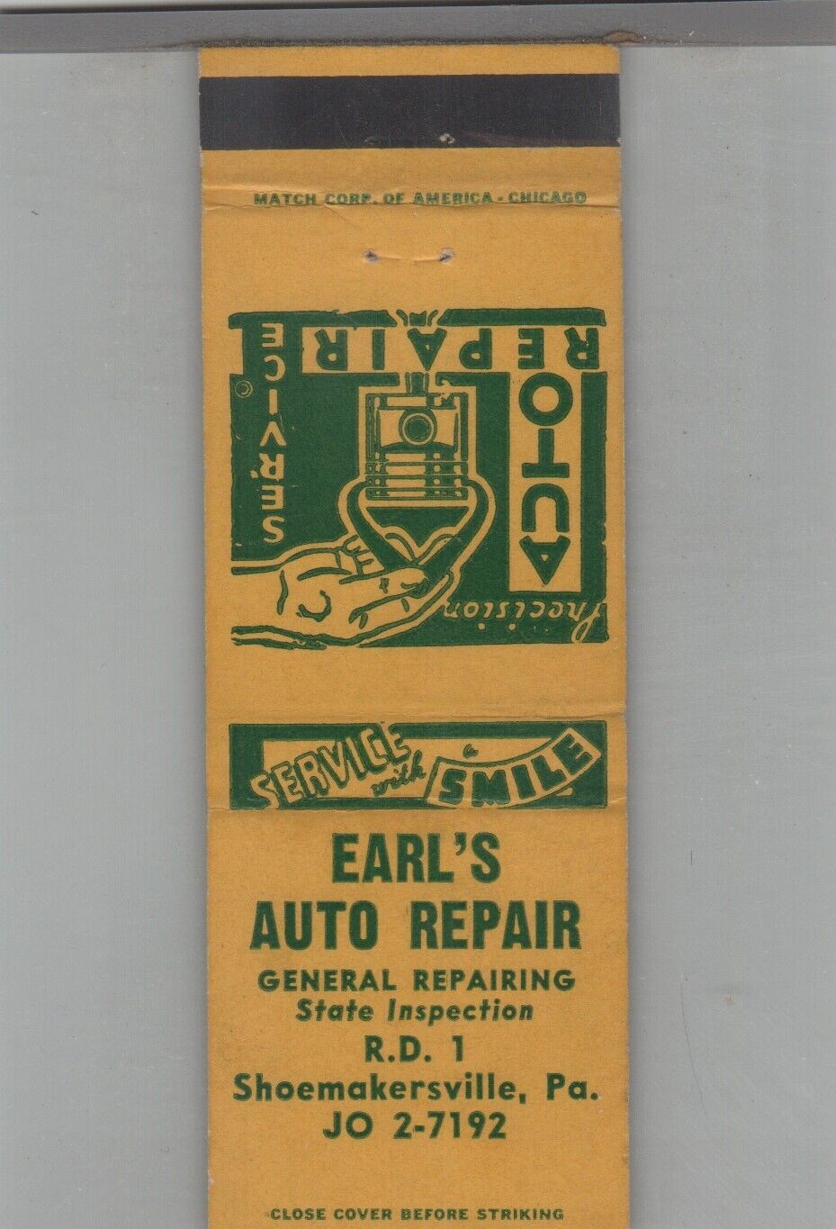 Matchbook Cover Earl's Auto Repair Shoemakersville, PA