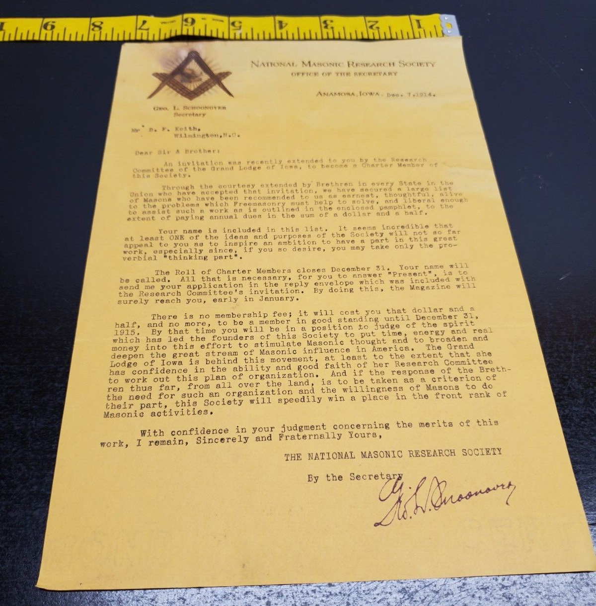 1914 National Masonic Research Society letter - Color logo - Anamosa Iowa