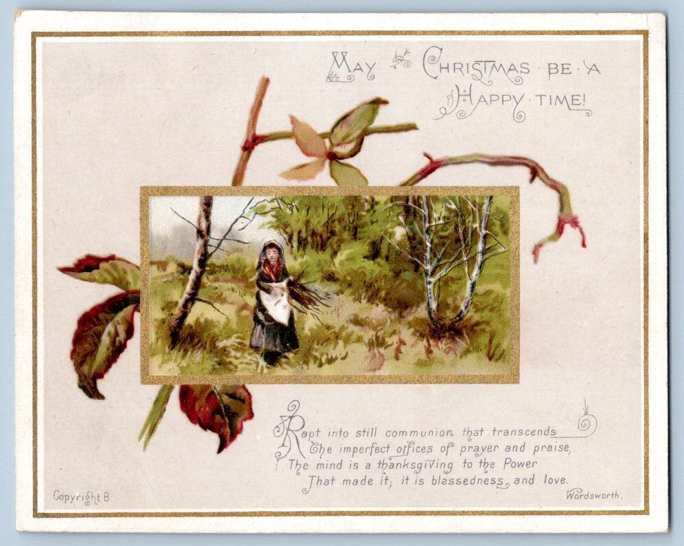 1880-90's VICTORIAN MAY CHRISTMAS BE A HAPPY TIME WORDSWORTH POEM XMAS CARD
