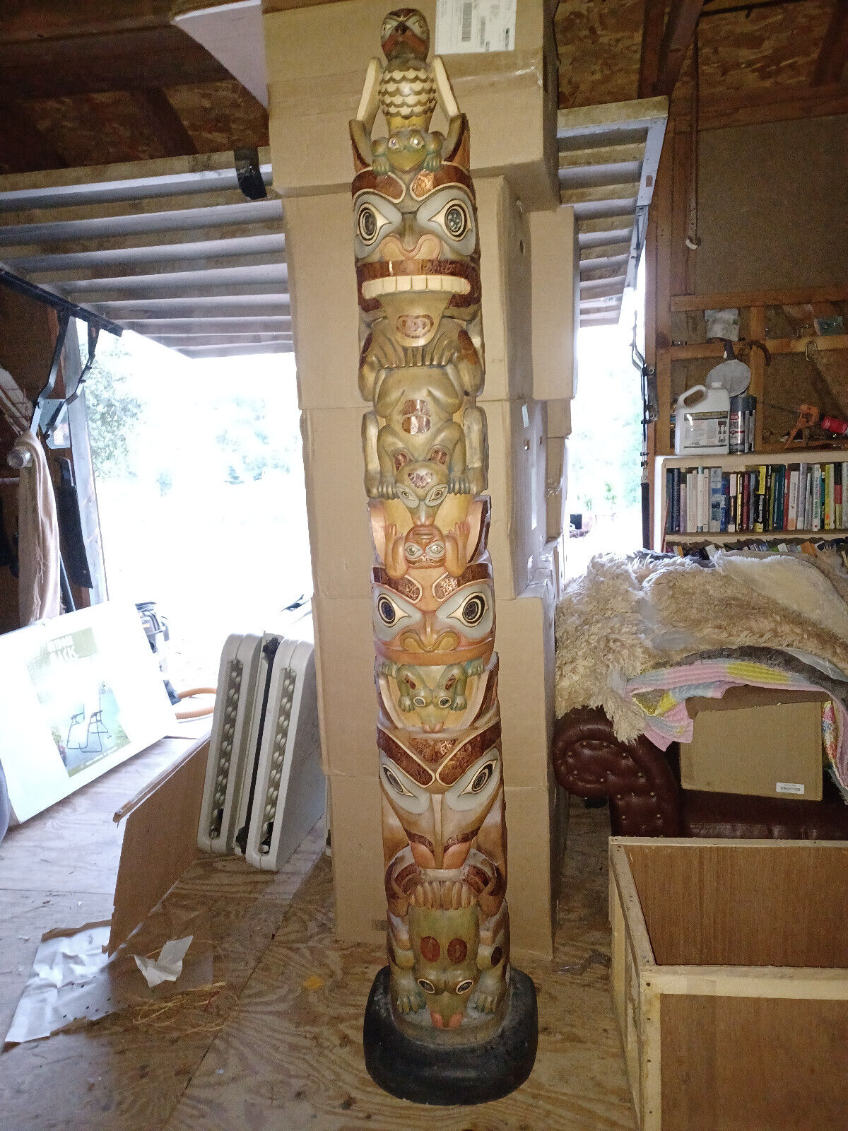 7\' Yellow Cedar Totem Poles copper, shell, stone Inlays Haiden style animals