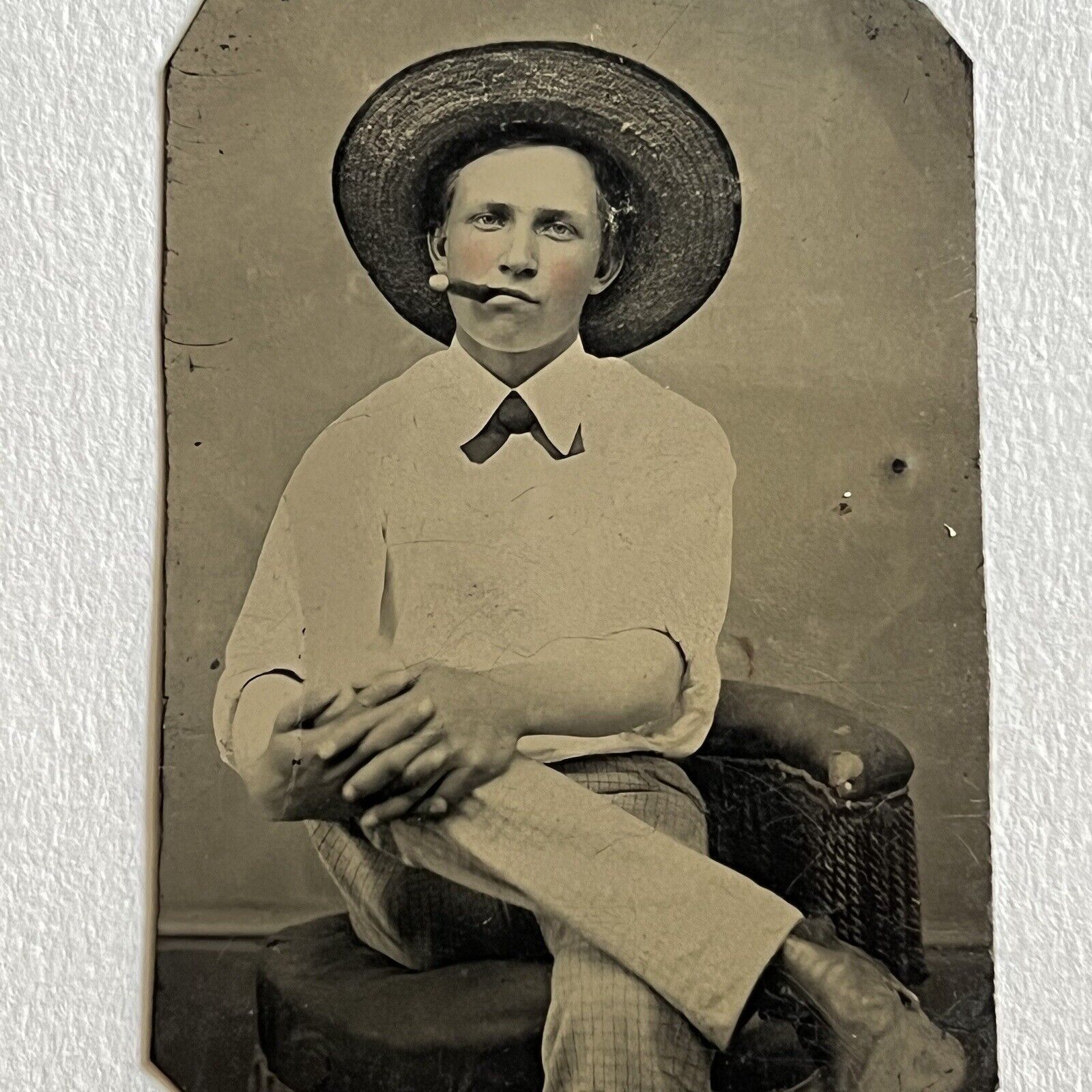 Antique Tintype Photograph Young Man Teen Boy Cigar Hat Great Attitude Cowboy