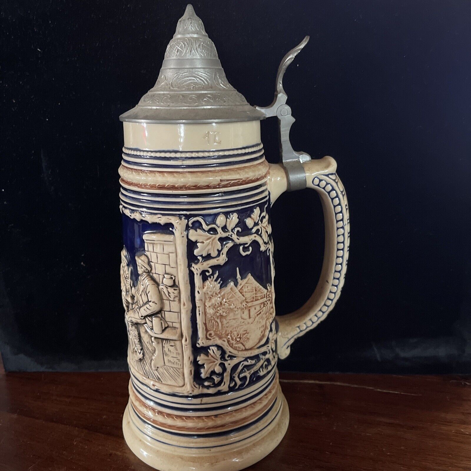 Antique German Germany pre WW1 signed Porcelain Lidded Beer Stein Mug 10.5”