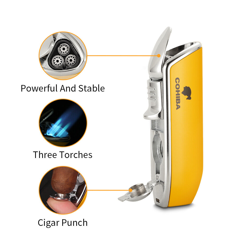 Torch Cigar Lighter Triple Jet Flame Punch Cigarette Refillable Butane Cohiba