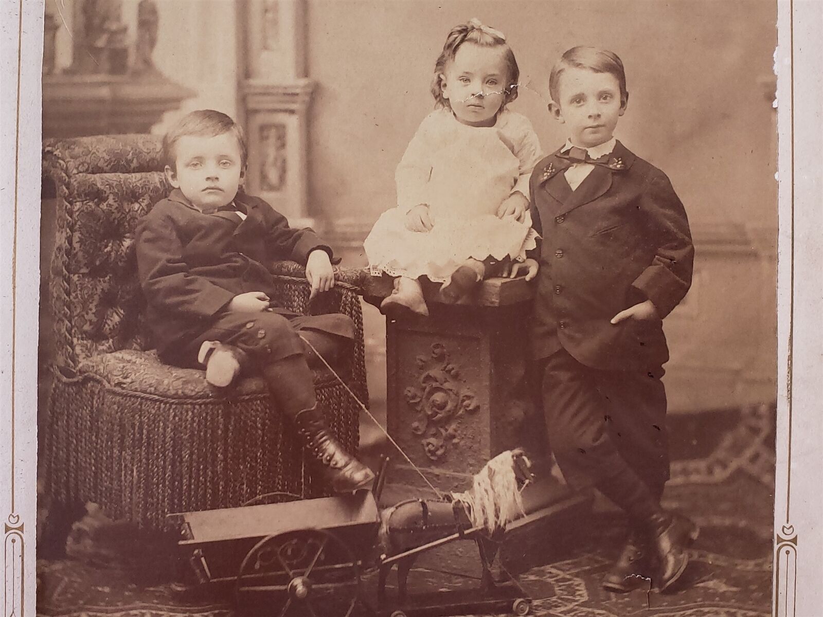 1882 antique HARRISBURG pa PHOTOGRAPH adorable CHILDREN TOY HORSE large id'd
