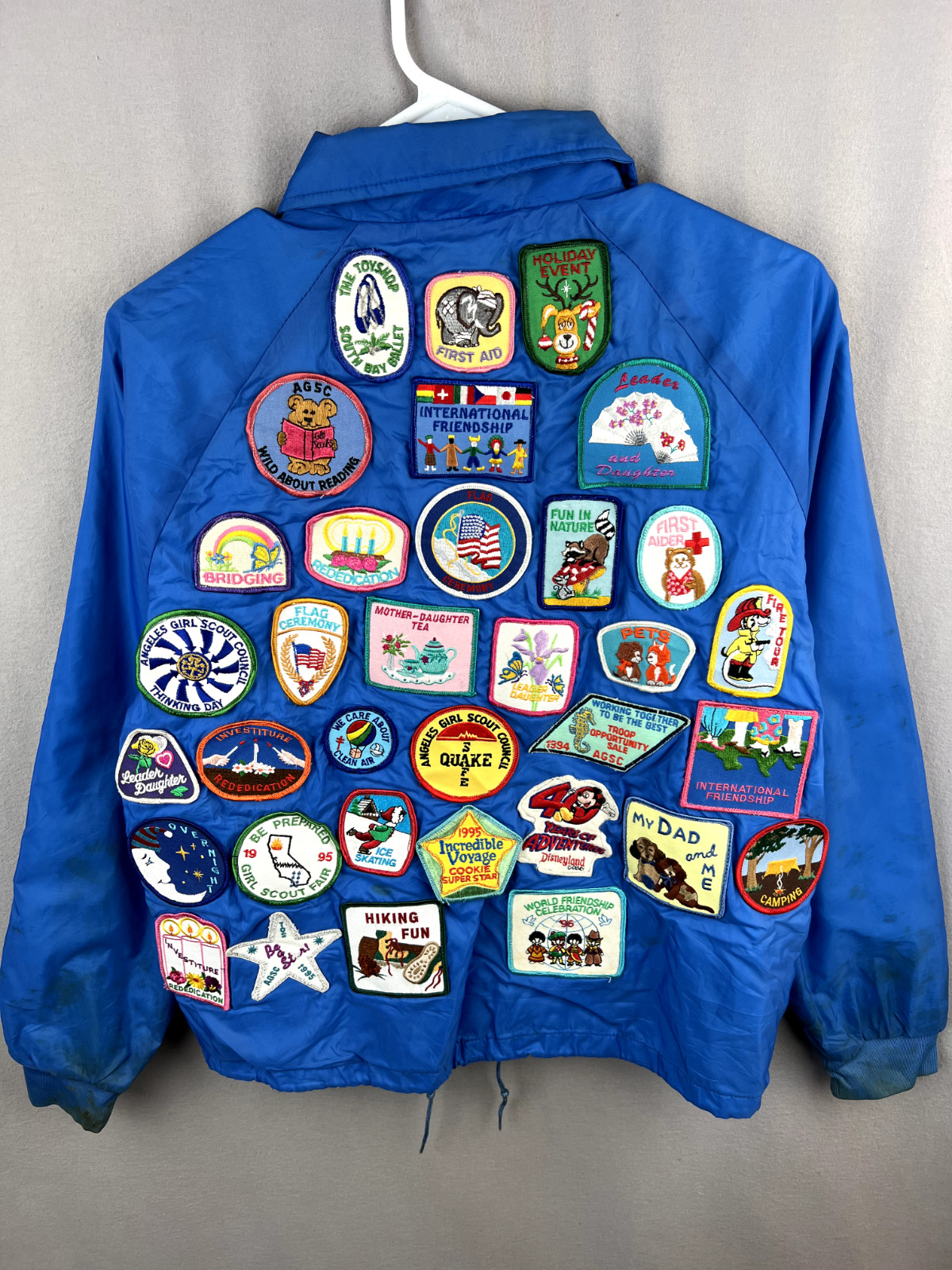 Vintage Girl Scout Jacket Womens Medium Blue Snap Front 39 Patches Disney 90s