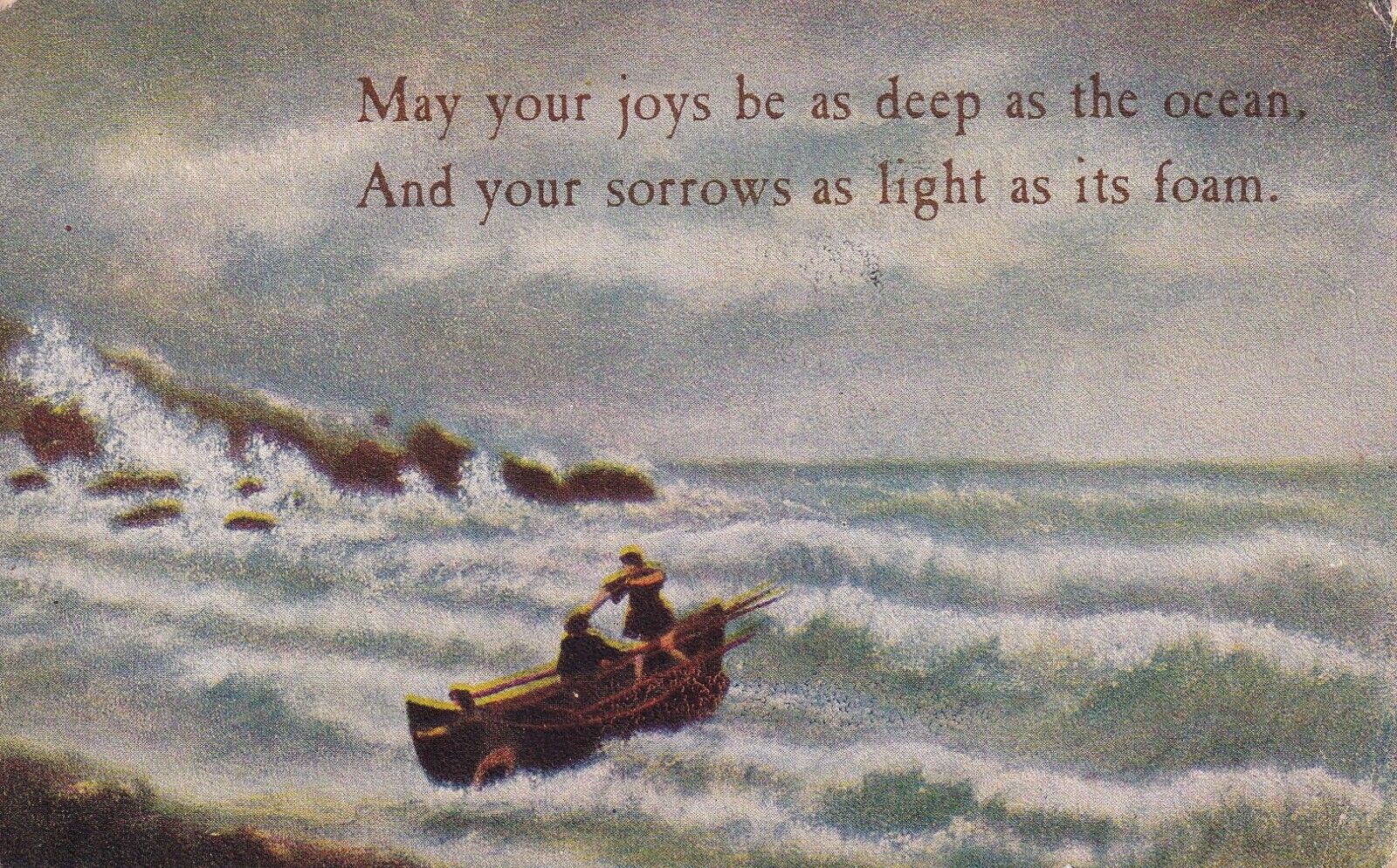 c1912 Boat 2 Men in Ocean Greeting Inspirational Hammond Press Postcard