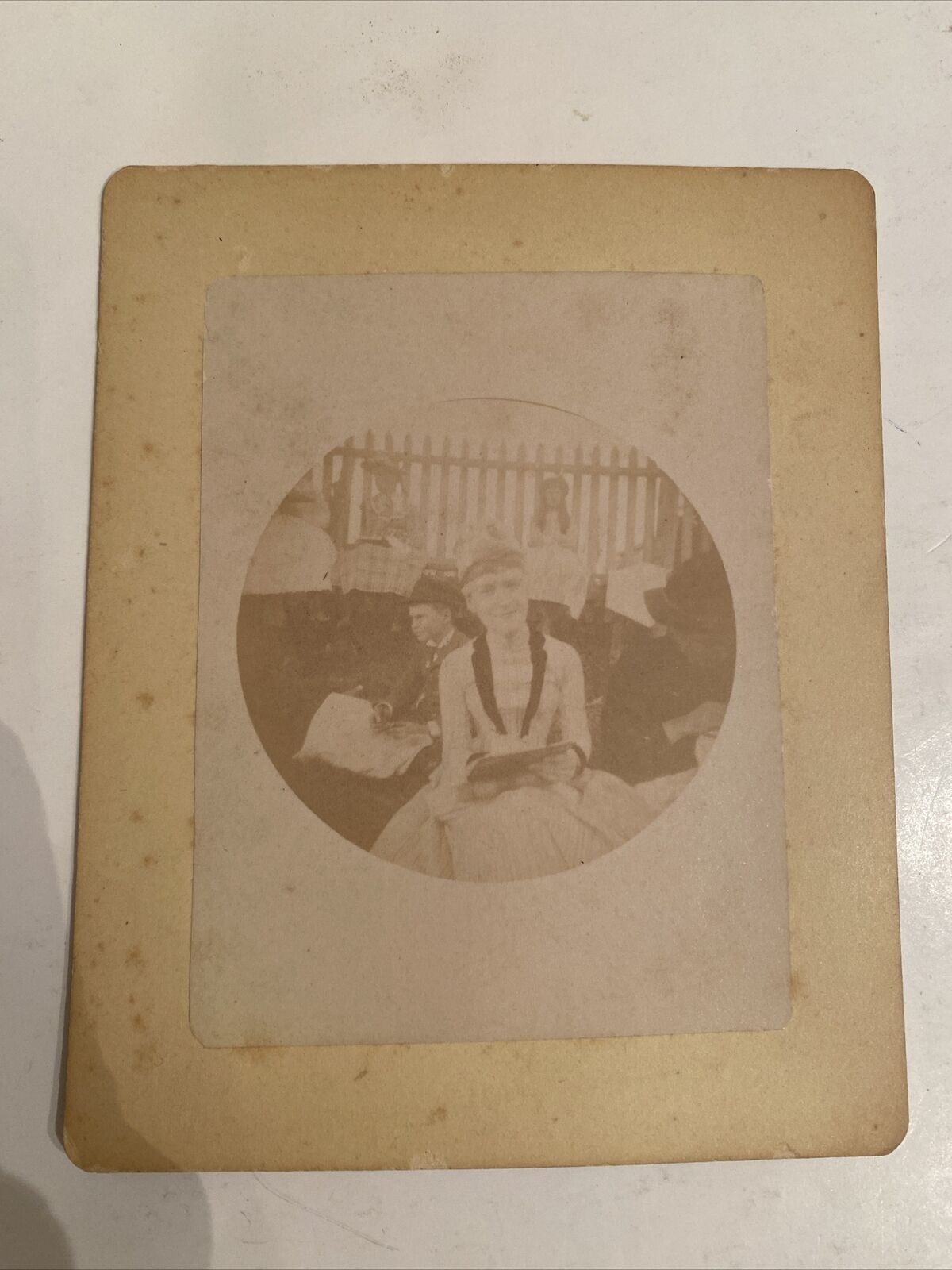 Vintage Kodak No 1 Round Photograph 1890's Woman In Hat Boy Outside Fence Faded