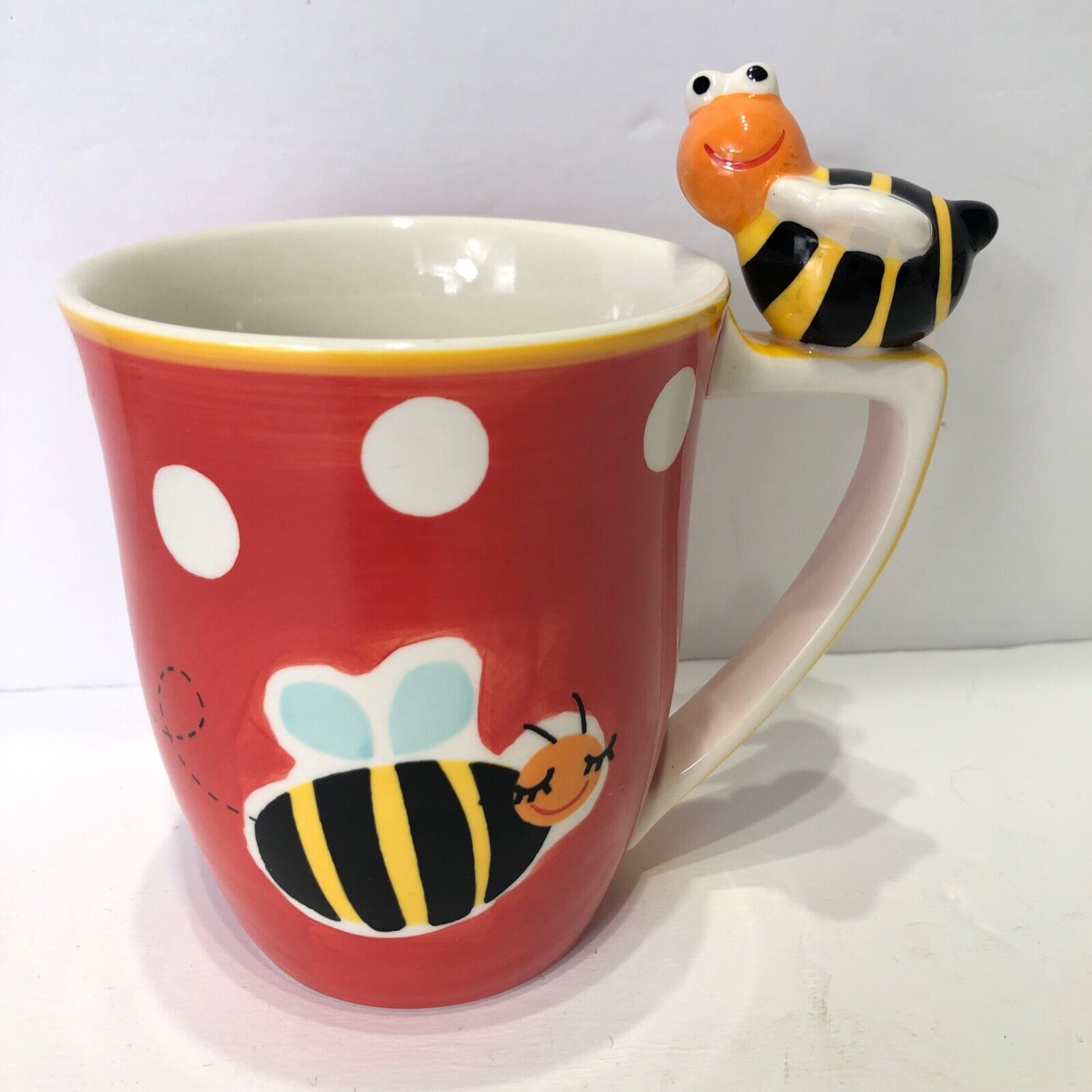 Indra Bumble Bee Mug Cup Fine Stoneware Hand Painted Red Polka Dots Cute Gift