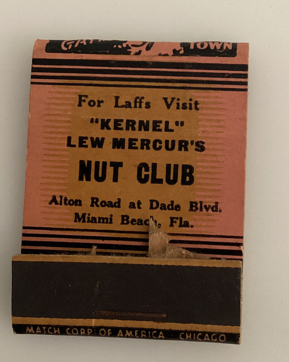 Match Corp Matchbook America Lew Mercur Nut Club Miami Fl Advertising Vintage