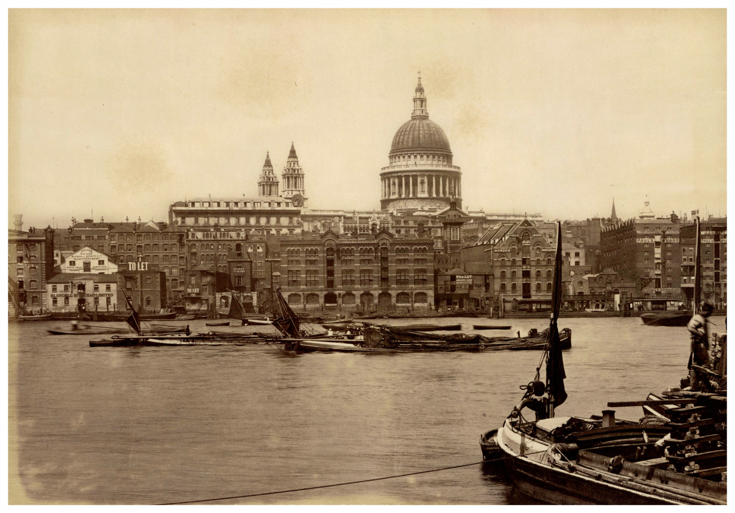 England, London, St Paul's Cathedral from River Thames Vintage Albumen Prin