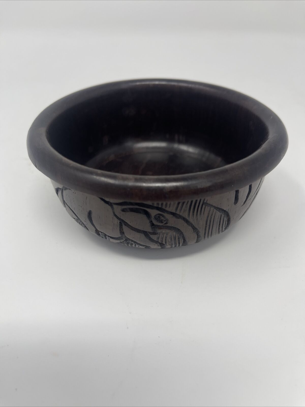 Vintage Small Crarved Wood Bowl Dish Elephant Rhinoceros Safari Trinket Dish
