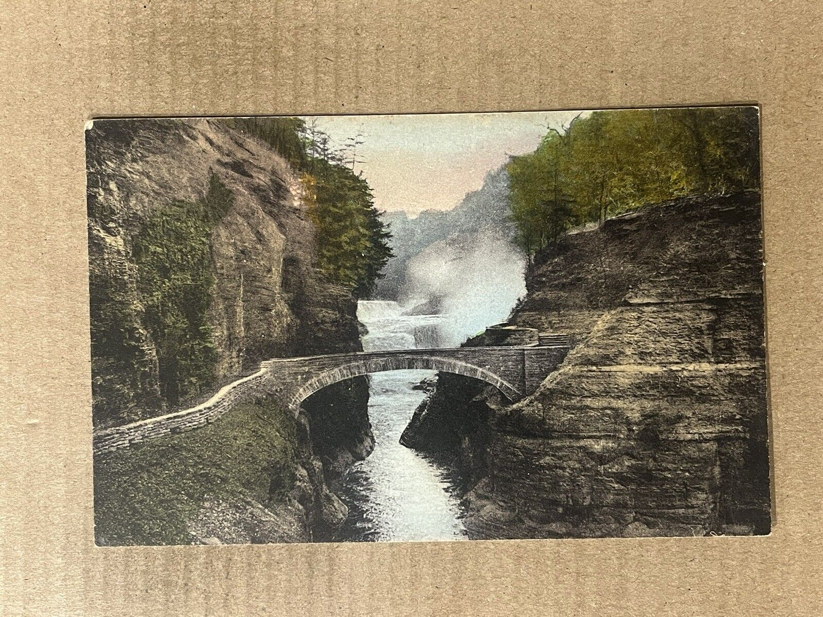 Postcard NY Letchworth State Park Bridge Lower Falls Hand Colored Albertype