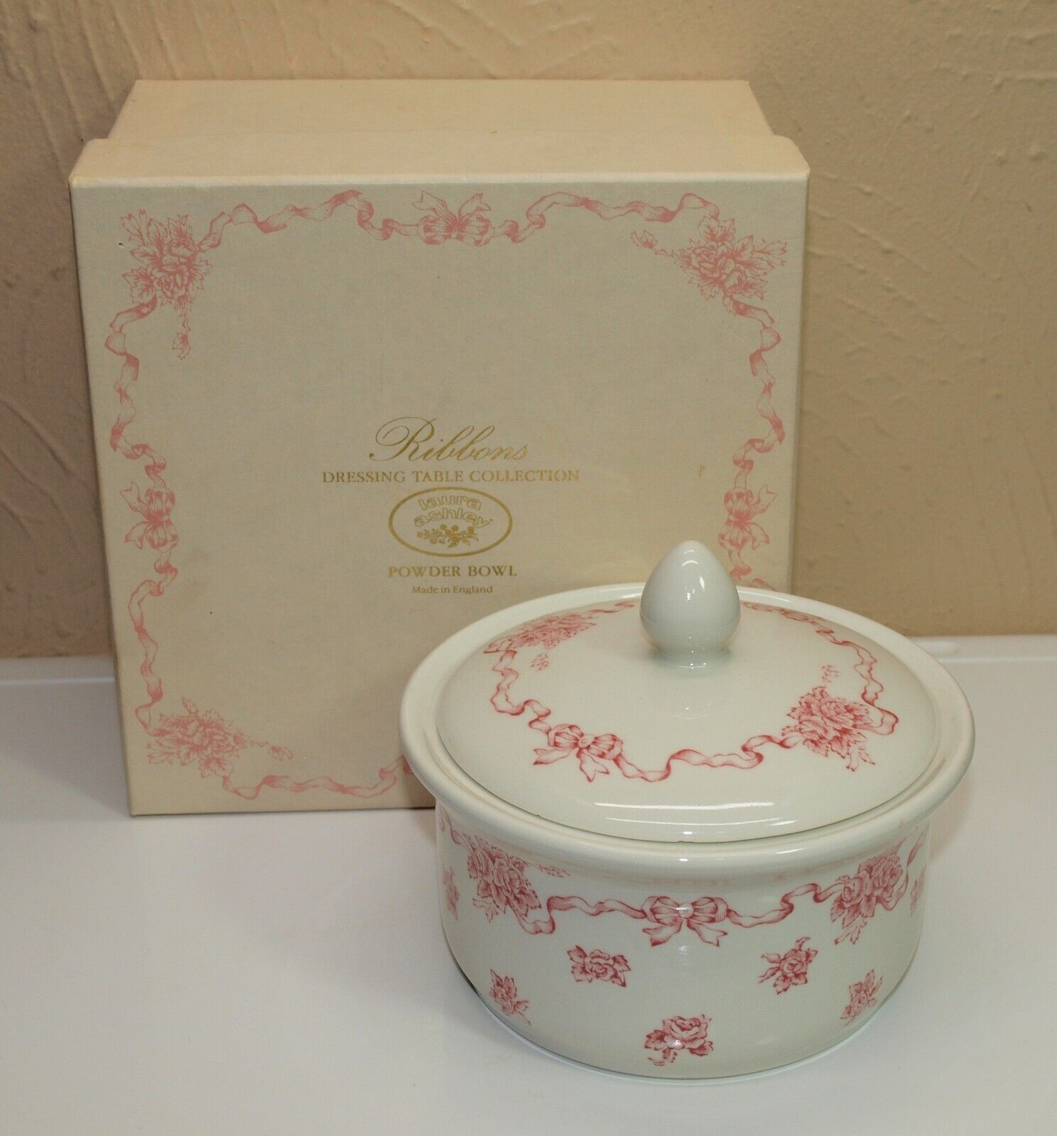 Vintage LAURA ASHLEY RIBBONS Pink & White POWDER BOWL Dressing Table Collection
