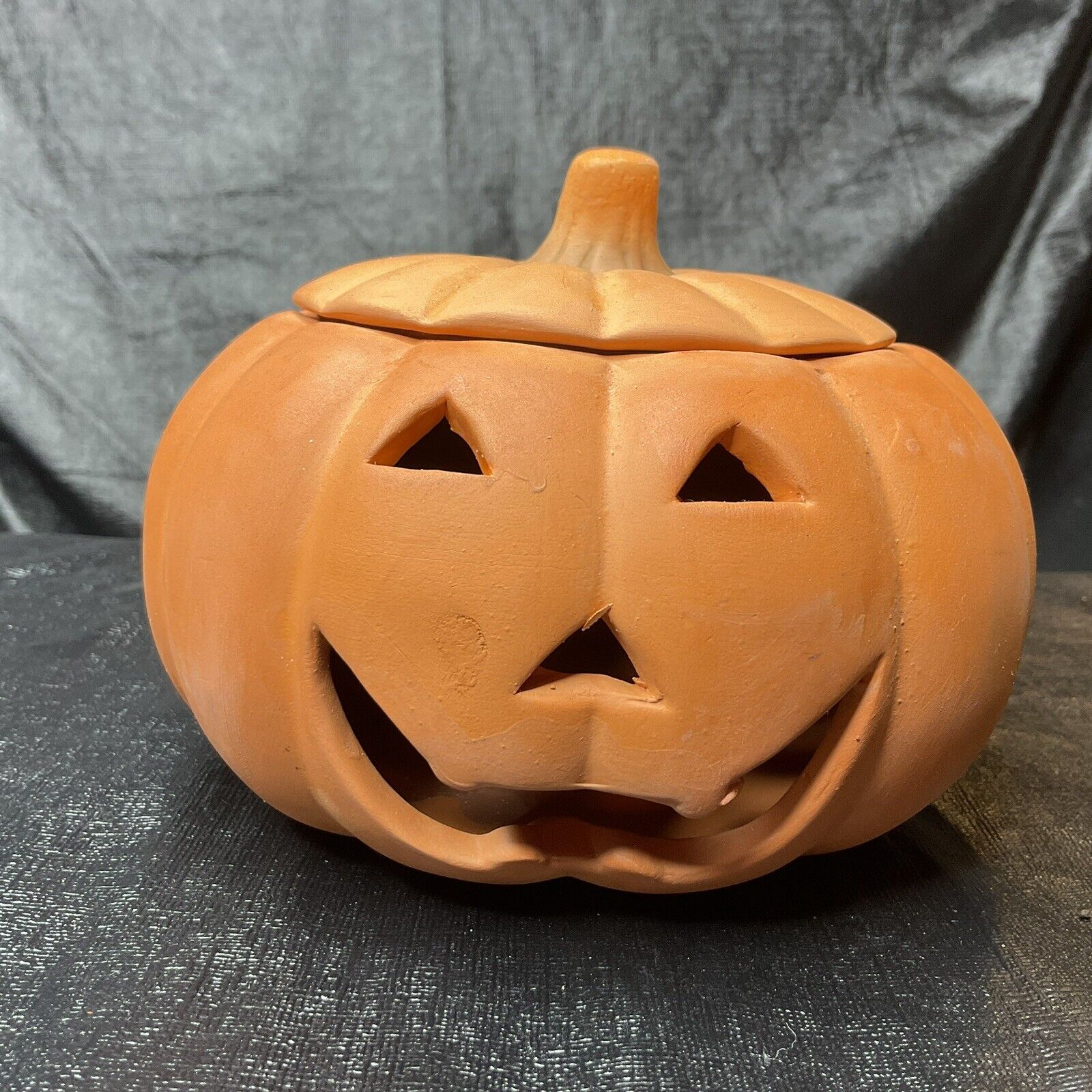Vintage 5” Halloween Terra Cotta Ceramic Pumpkin Jack O Lantern  w/Cover Autumn