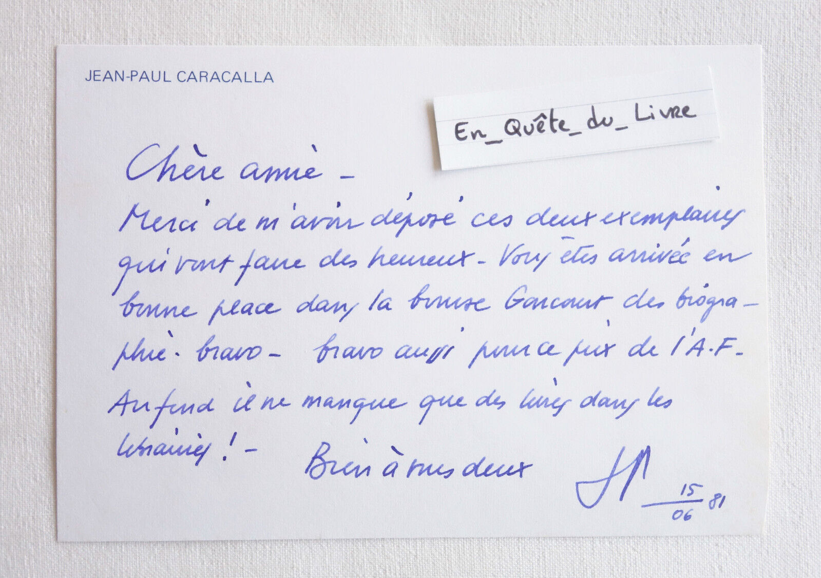 L.A.S. Jean-Paul Caracalla (1921-2019) writer - autograph letter