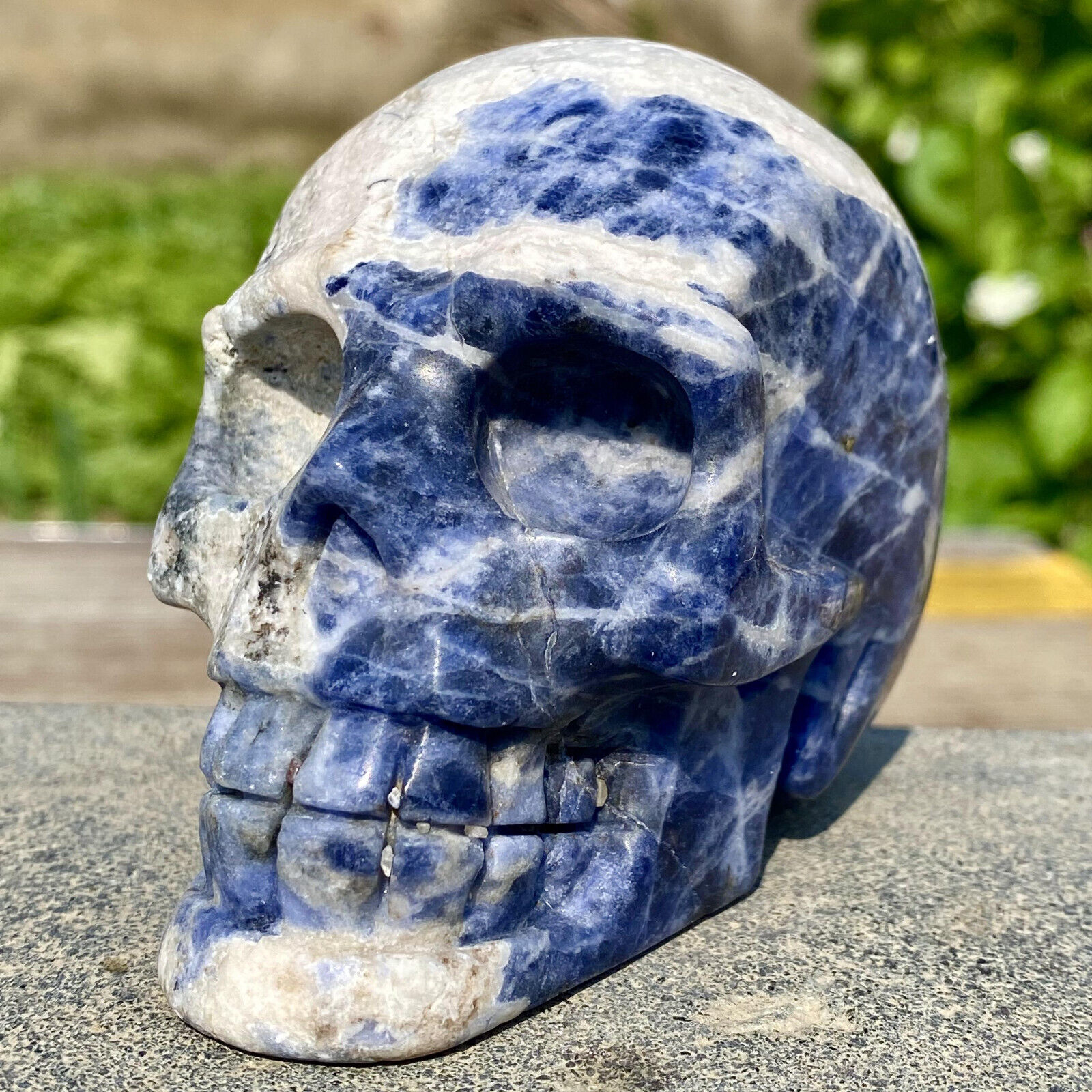 398G Natural Blue stripe quartz hand Carved skull crystal healing