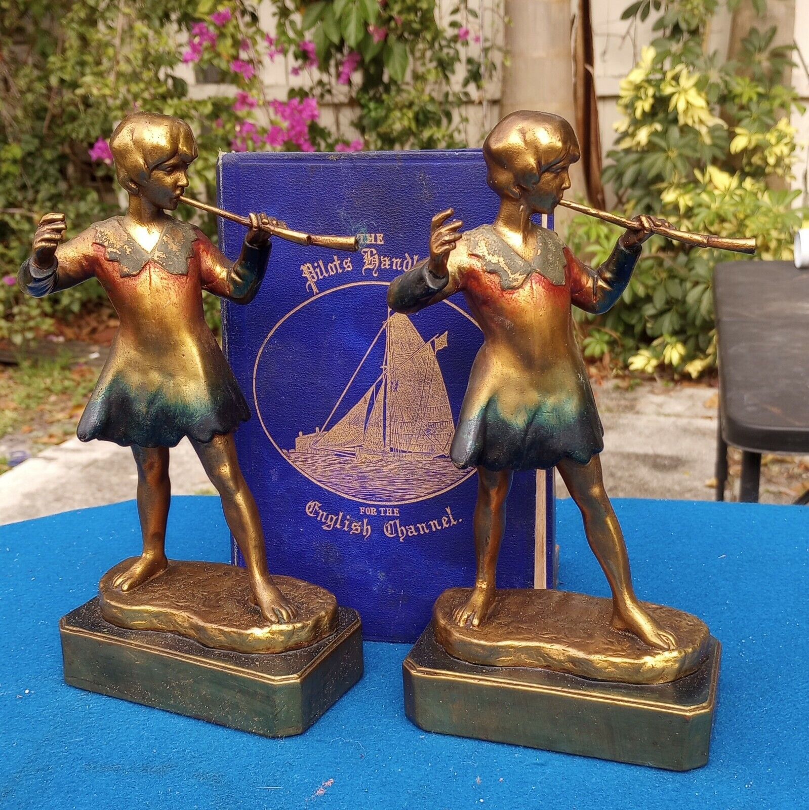 vintage Pompeian Bronze bookends, Peter Pan, circa 1932, 9+ Inches tall