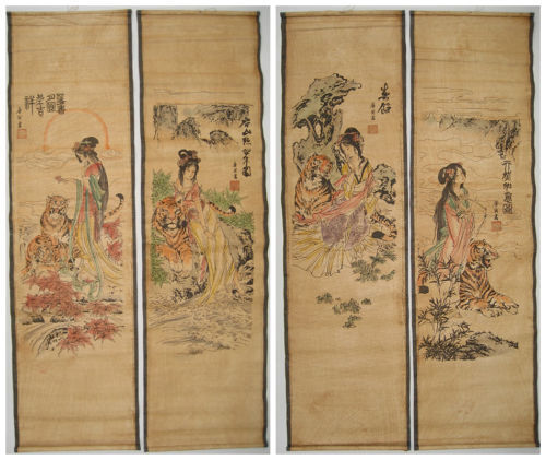 Chinese painting scroll beauty and beast Tang Bohu 4 scrolls 美女与野兽